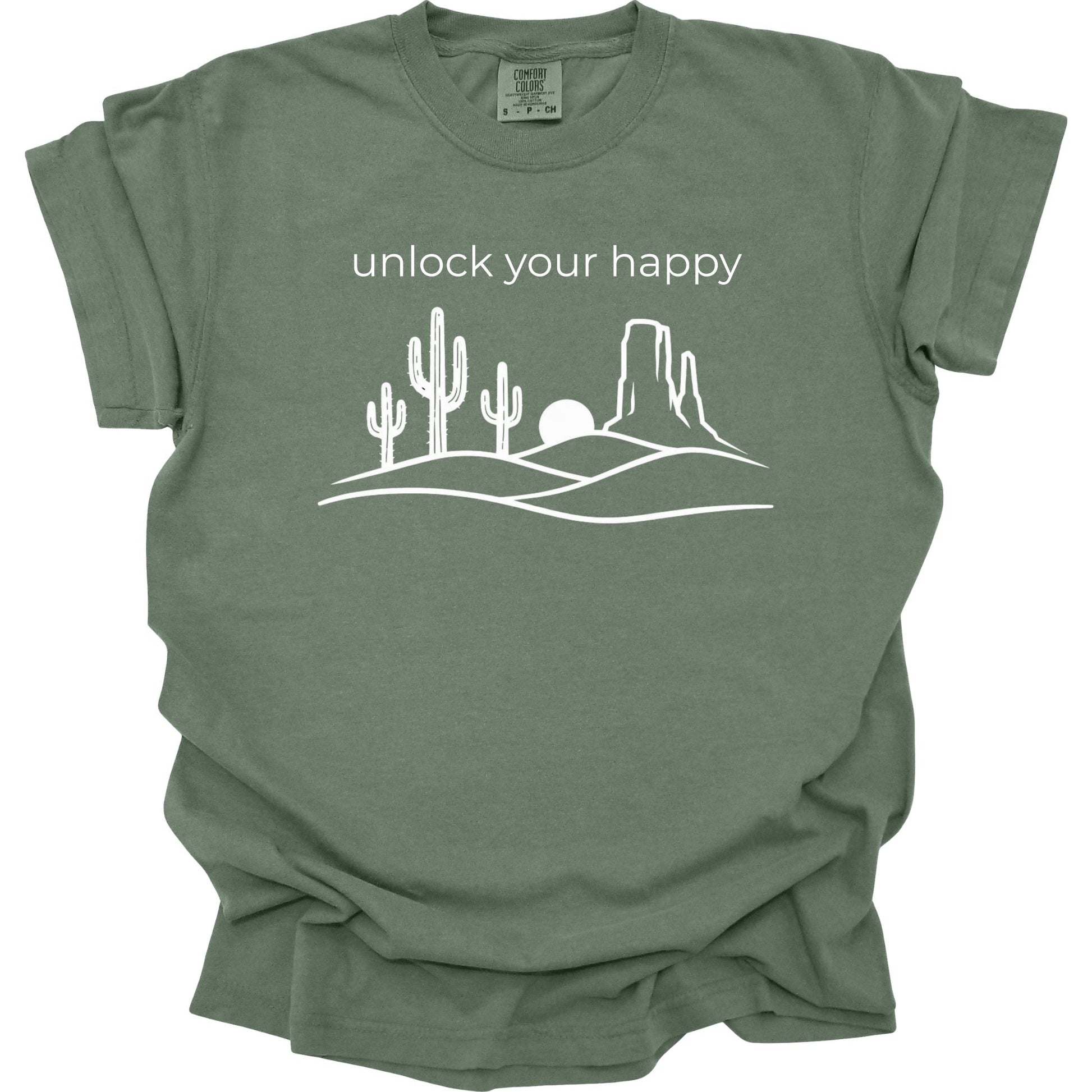 Green t-shirt with desert graphic and 'unlock your happy' text on a white background