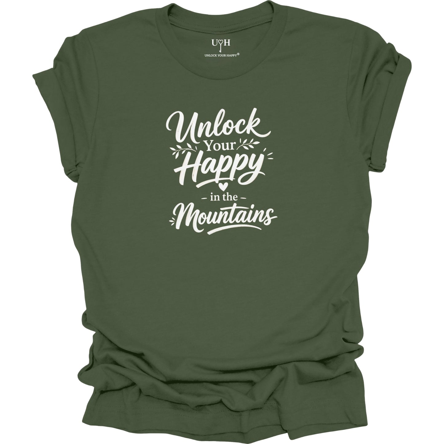 Green t-shirt with 'Unlock Your Happy in the Mountains' text on a white background