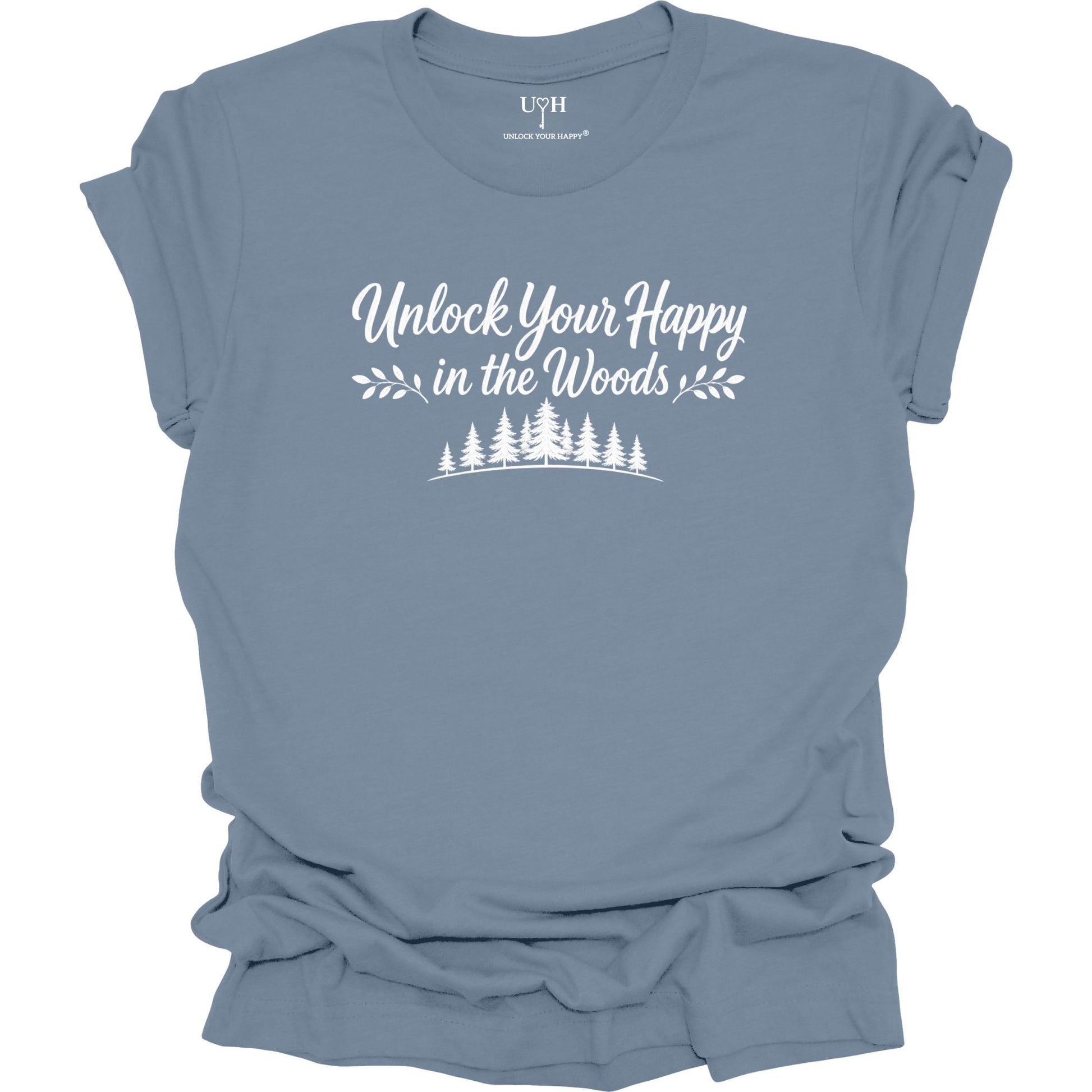 Unlock Your Happy in the Woods White Text with tree line on a blue t-shirt