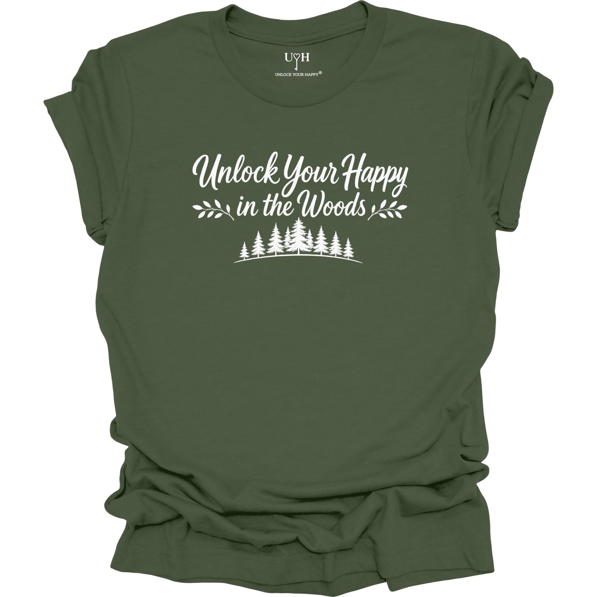 Unlock Your Happy in the Woods White Text with tree line on a green t-shirt