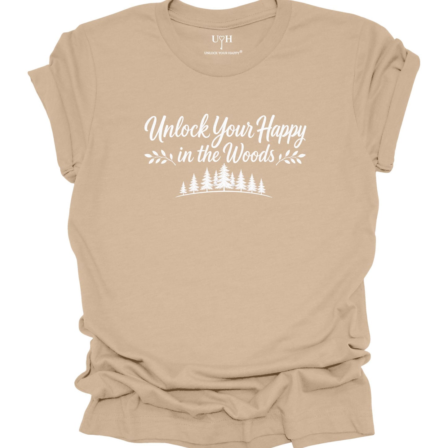 Unlock Your Happy in the Woods White Text with tree line on a tan t-shirt
