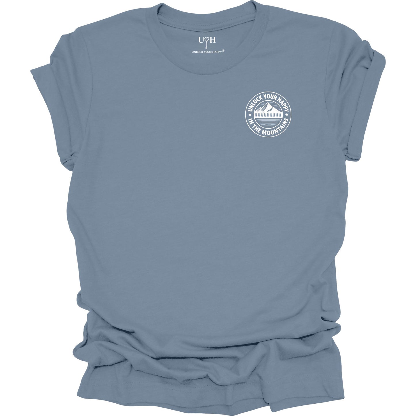 Left chest mountain graphic t-shirt with 'Unlock Your Happy' text, blue