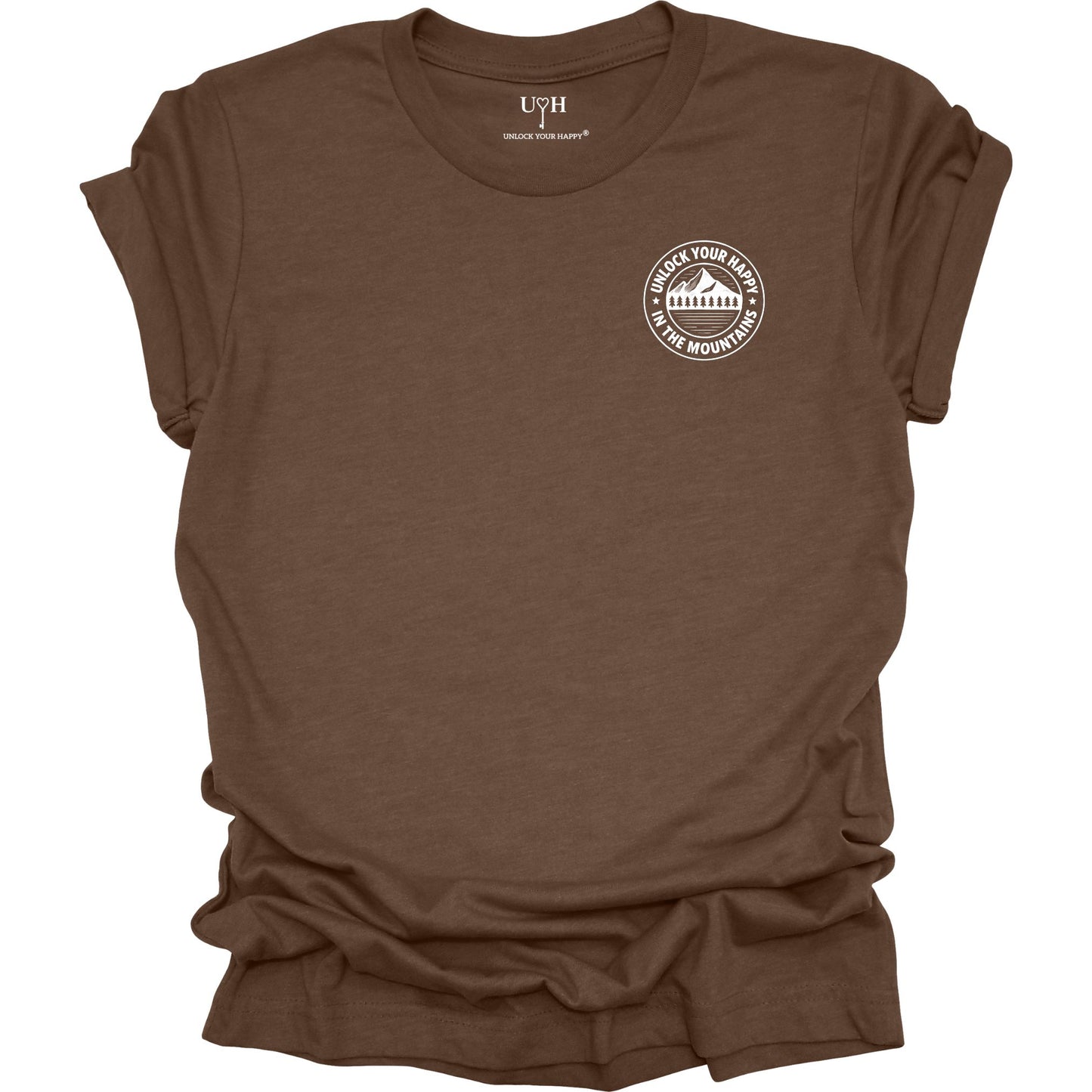 Left chest mountain graphic t-shirt with 'Unlock Your Happy' text, brown