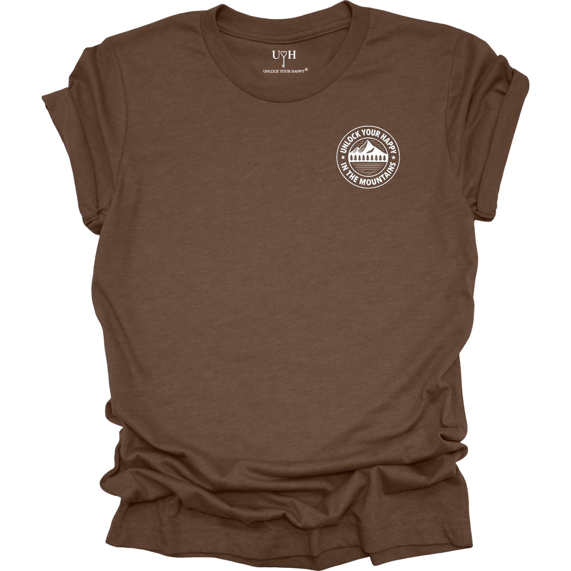 Left chest mountain graphic t-shirt with 'Unlock Your Happy' text, brown