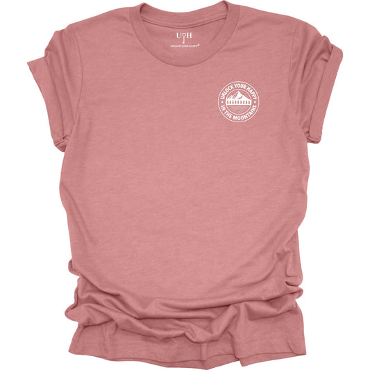Left chest mountain graphic t-shirt with 'Unlock Your Happy' text, mauve