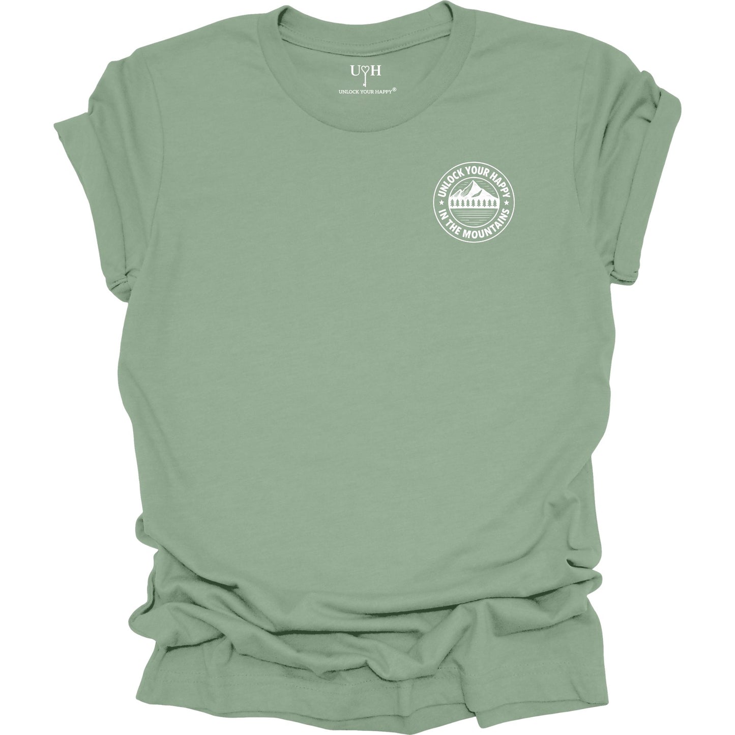 Left chest mountain graphic t-shirt with 'Unlock Your Happy' text, sage green