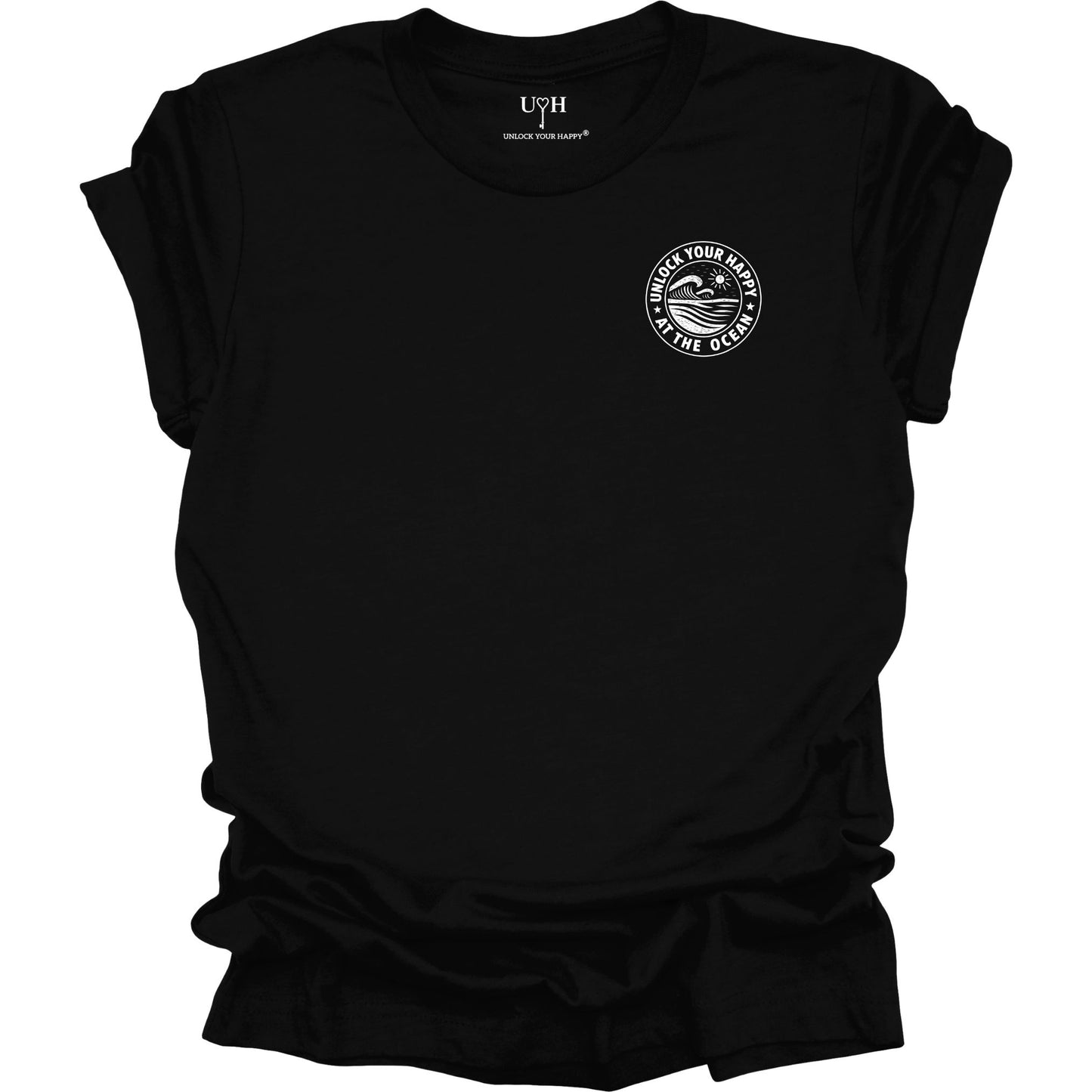 Left chest ocean graphic t-shirt with 'Unlock Your Happy' text, black