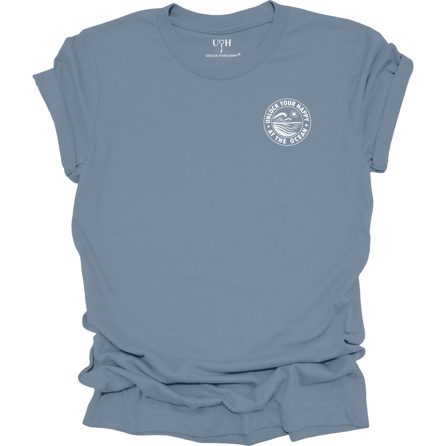 Left chest ocean graphic t-shirt with 'Unlock Your Happy' text, blue