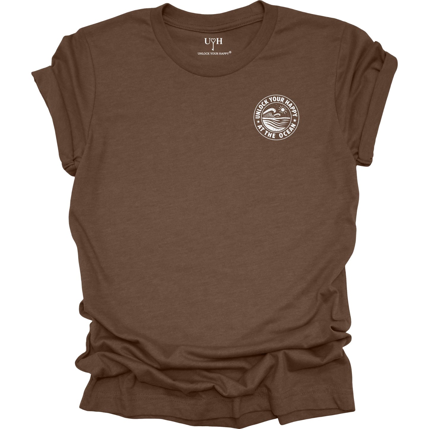 Left chest ocean graphic t-shirt with 'Unlock Your Happy' text, brown