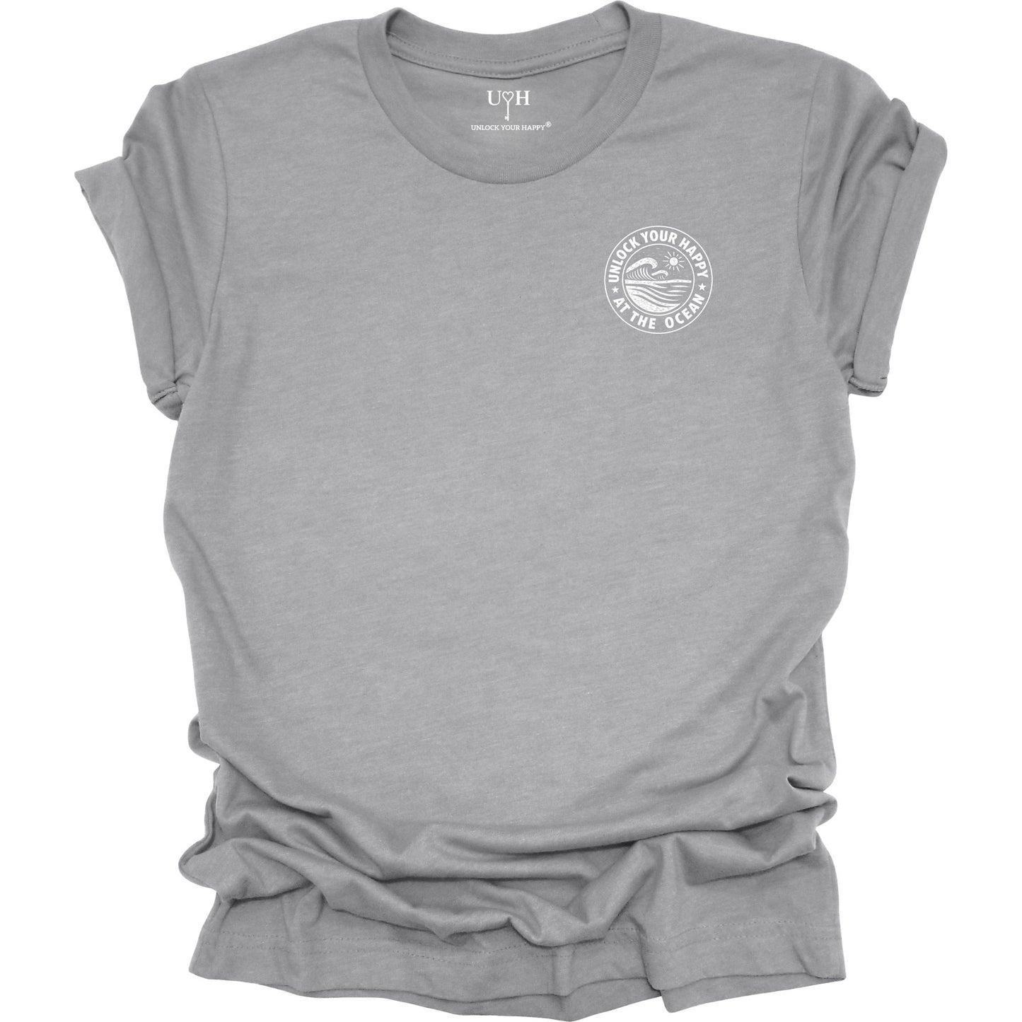 Left chest ocean graphic t-shirt with 'Unlock Your Happy' text, gray