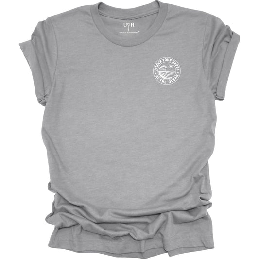 Left chest ocean graphic t-shirt with 'Unlock Your Happy' text, gray