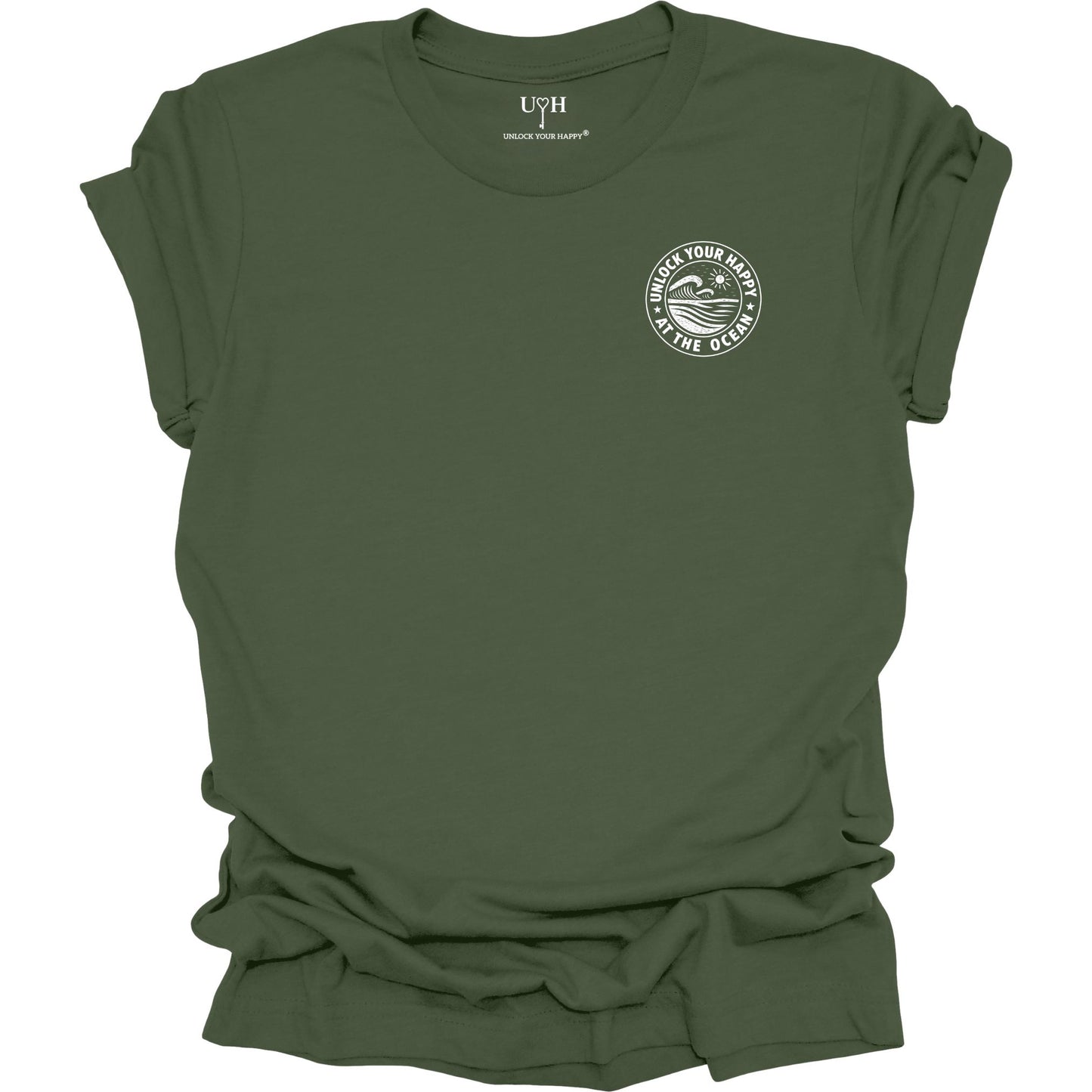 Left chest ocean graphic t-shirt with 'Unlock Your Happy' text, green