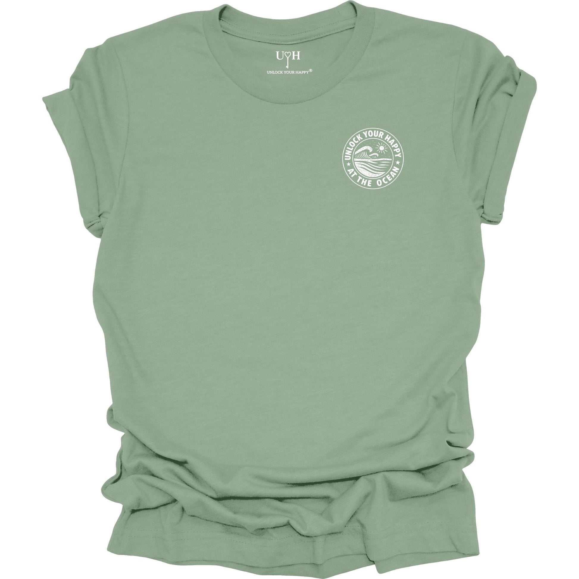 Left chest ocean graphic t-shirt with 'Unlock Your Happy' text, sage green