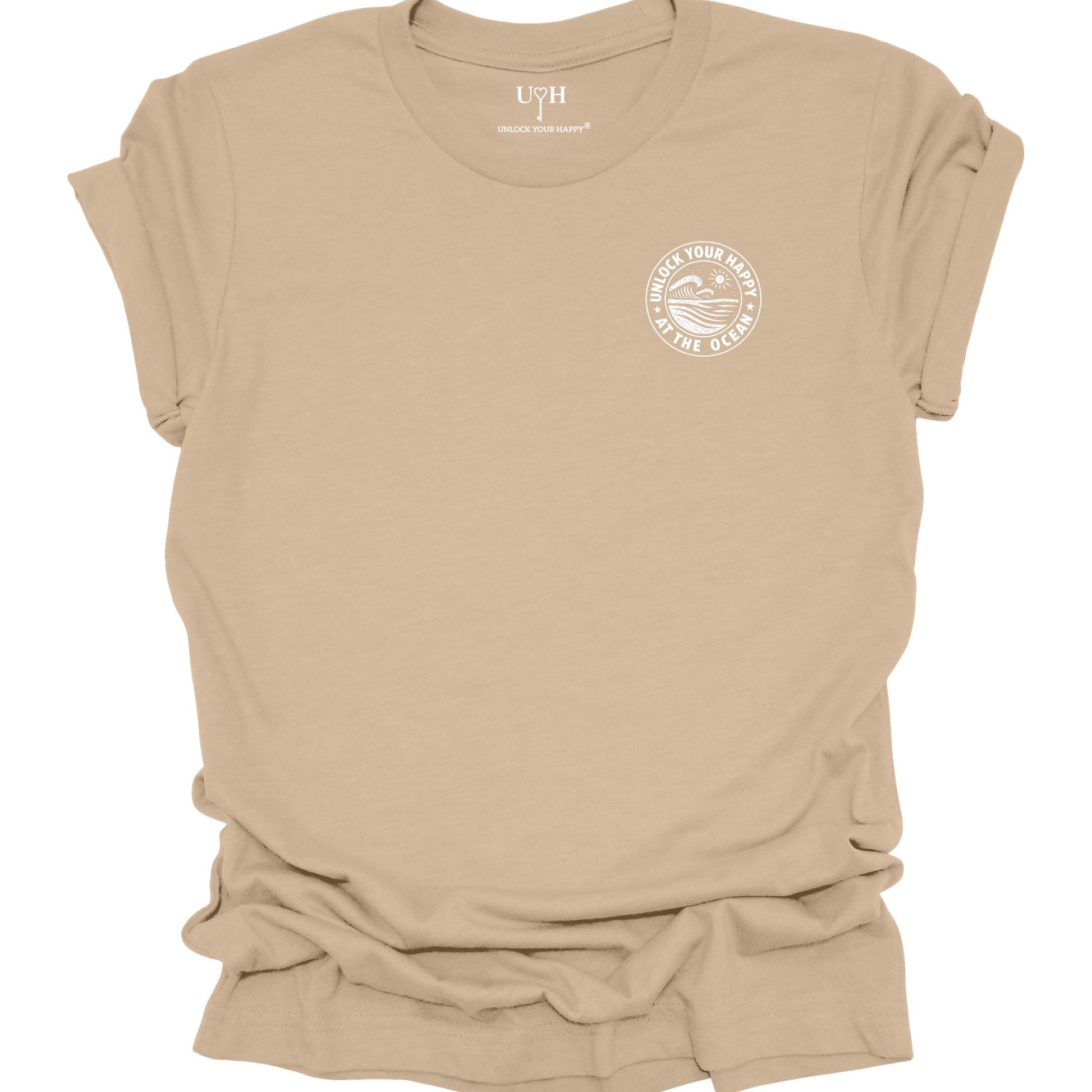 Left chest ocean graphic t-shirt with 'Unlock Your Happy' text, tan