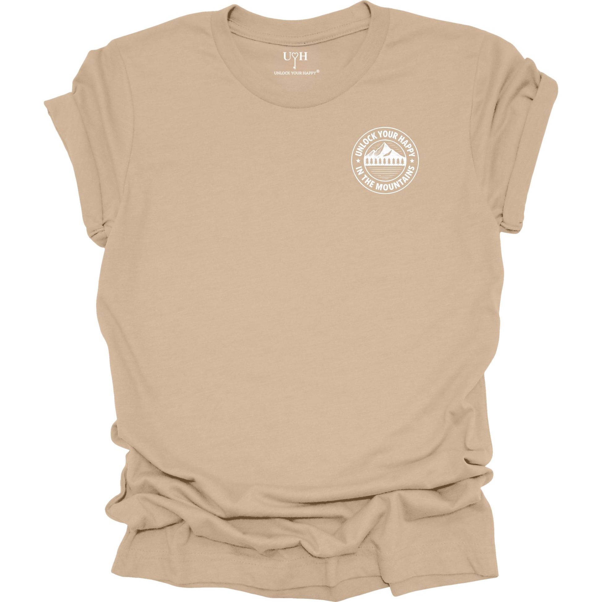 Left chest mountain graphic t-shirt with 'Unlock Your Happy' text, tan