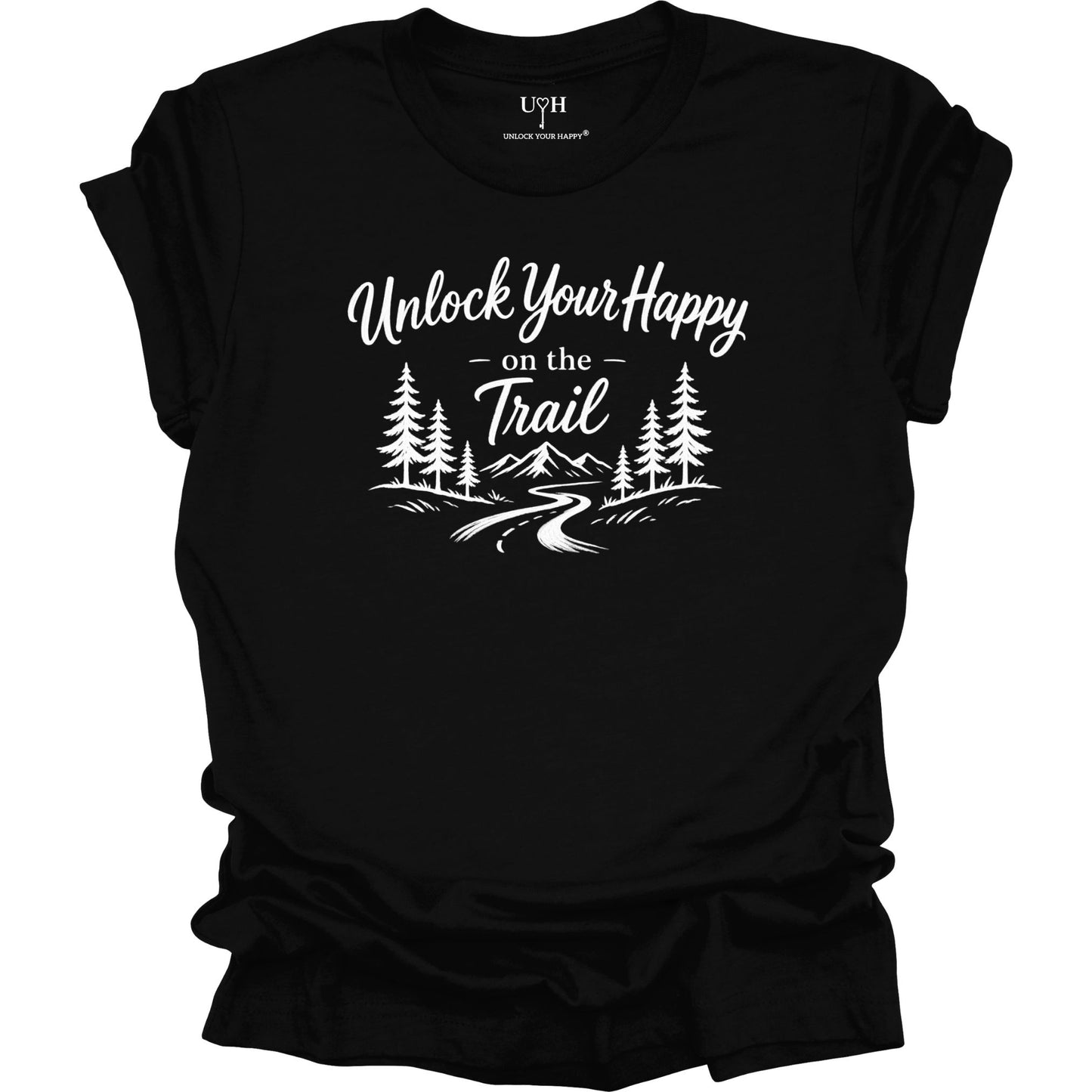 A black short-sleeve t-shirt with a white graphic print on the front that reads 'Unlock Your Happy on the Trail' above an illustration of pine trees, mountains, and a winding trail. The inside collar shows the brand name 'UYH'.