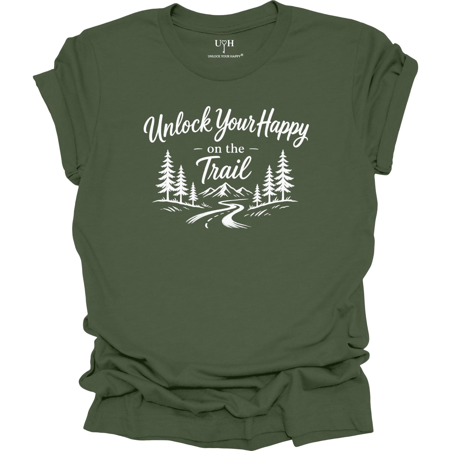 An  green short-sleeve t-shirt with a white graphic print that reads 'Unlock Your Happy on the Trail' above a simple pine tree and winding trail illustration. The brand 'UYH' is visible on the inner neck label.