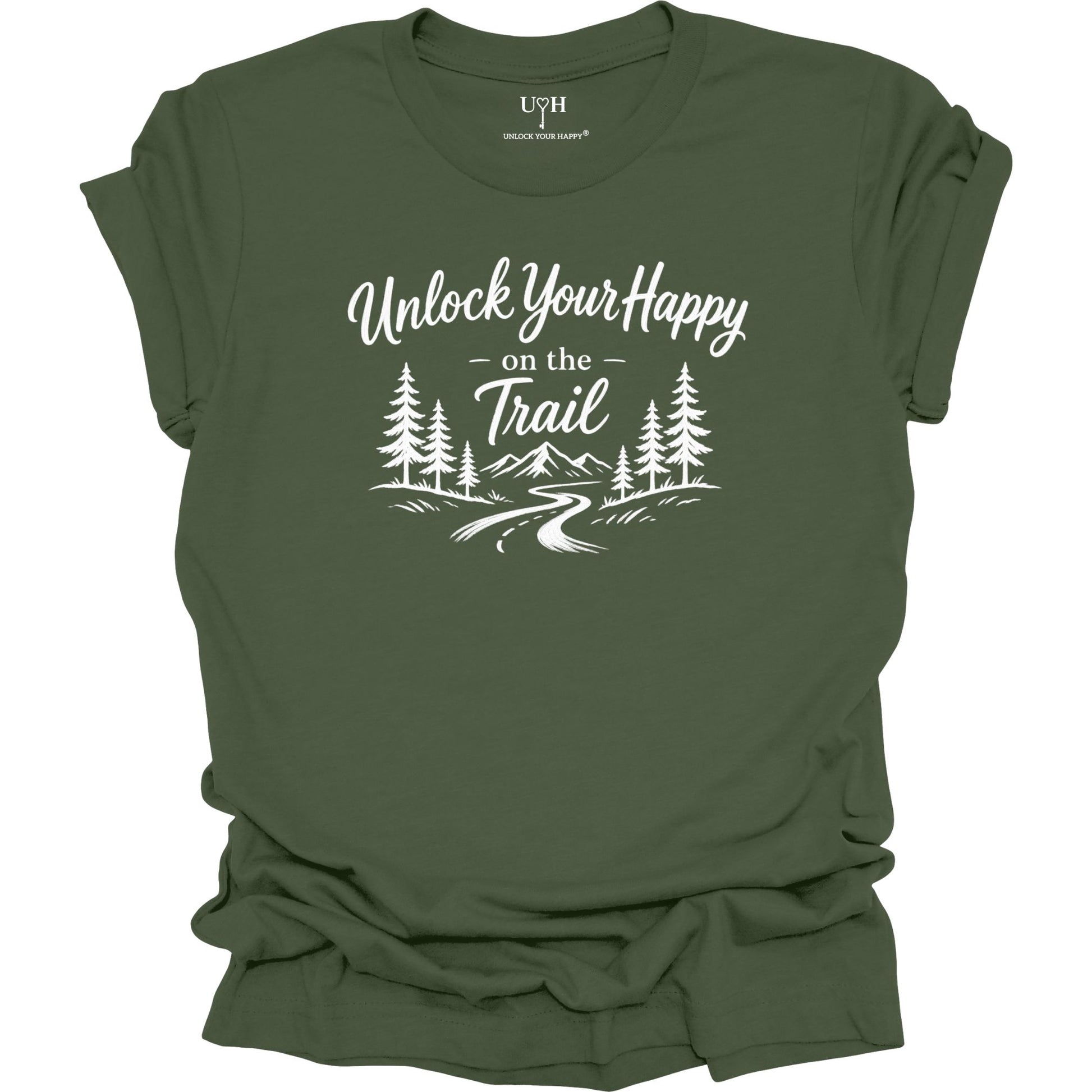 An  green short-sleeve t-shirt with a white graphic print that reads 'Unlock Your Happy on the Trail' above a simple pine tree and winding trail illustration. The brand 'UYH' is visible on the inner neck label.