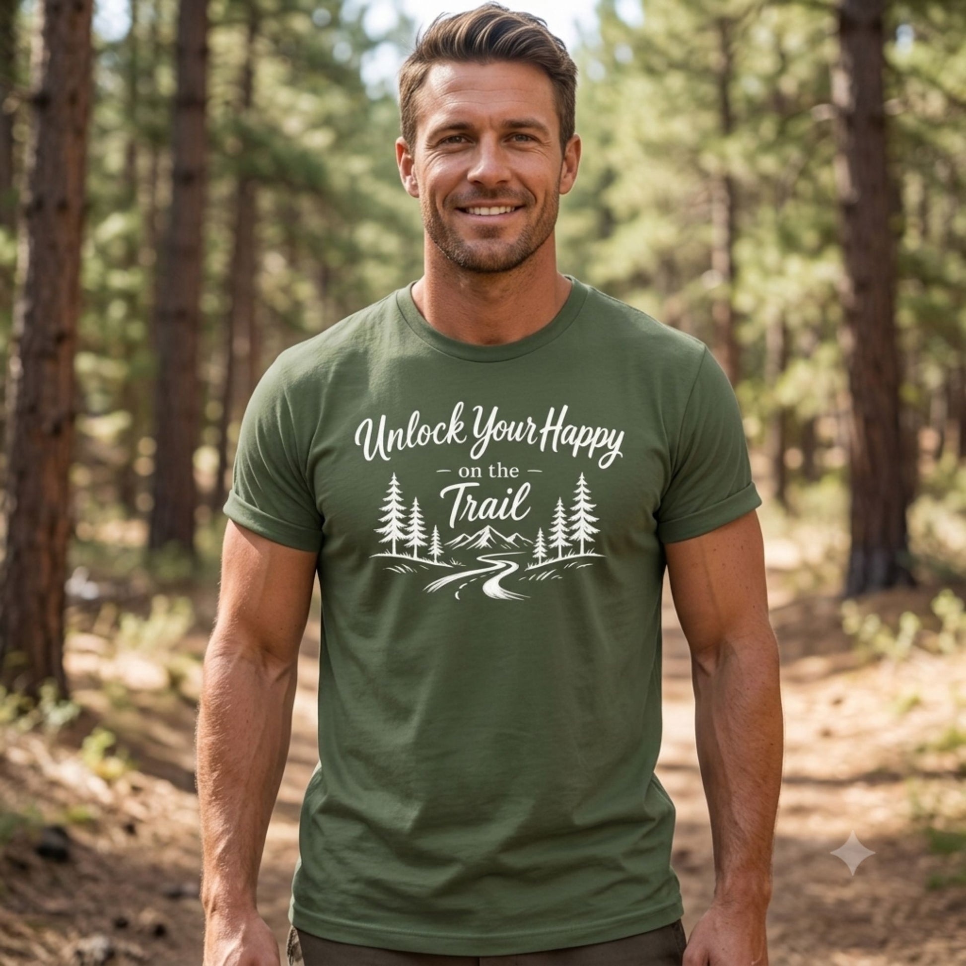A smiling man wearing a green t-shirt with a white graphic that reads 'Unlock Your Happy on the Trail' with a mountain and pine tree design, standing in a sunlit pine forest.