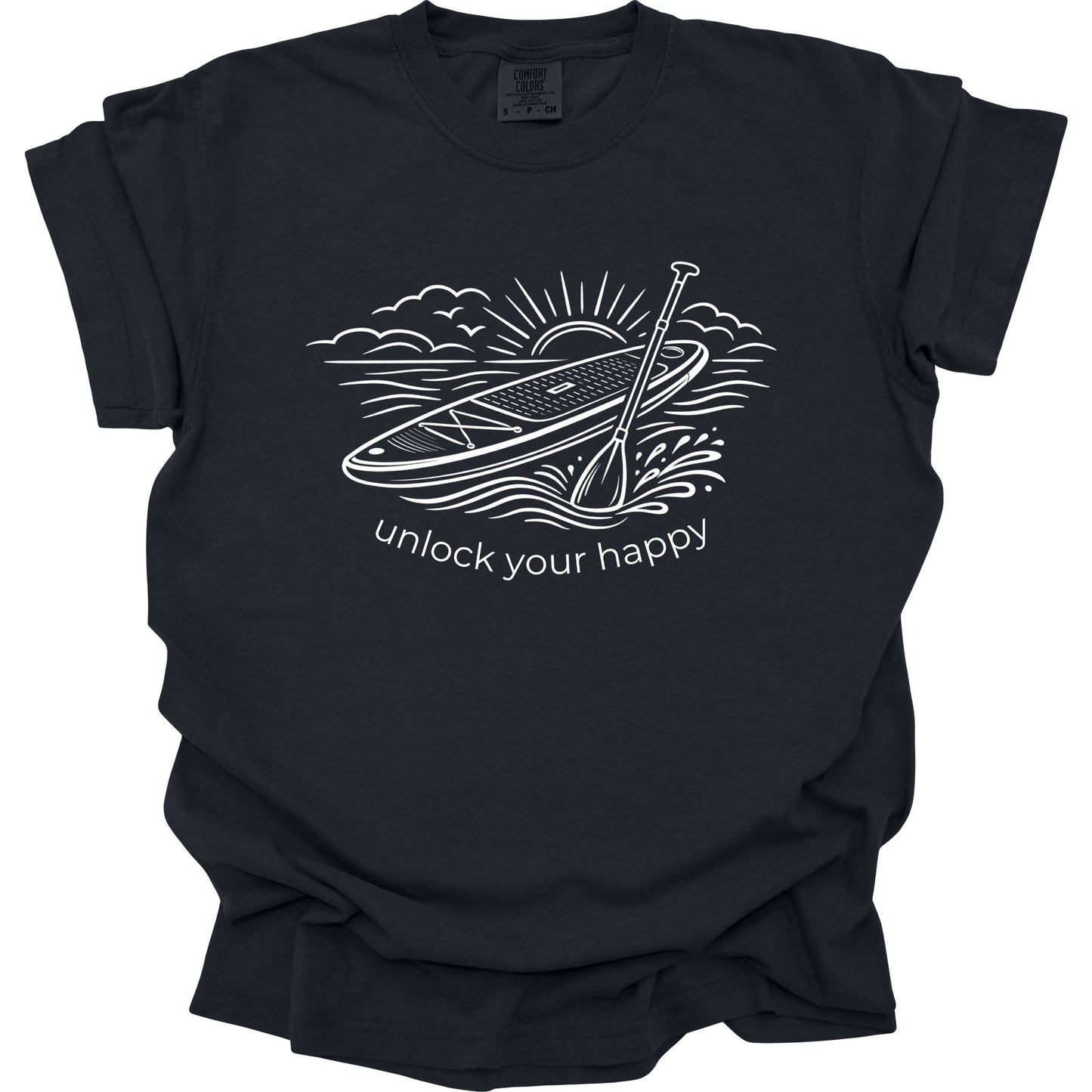 Black t-shirt with white paddleboard graphic and text 'unlock your happy' on a white background
