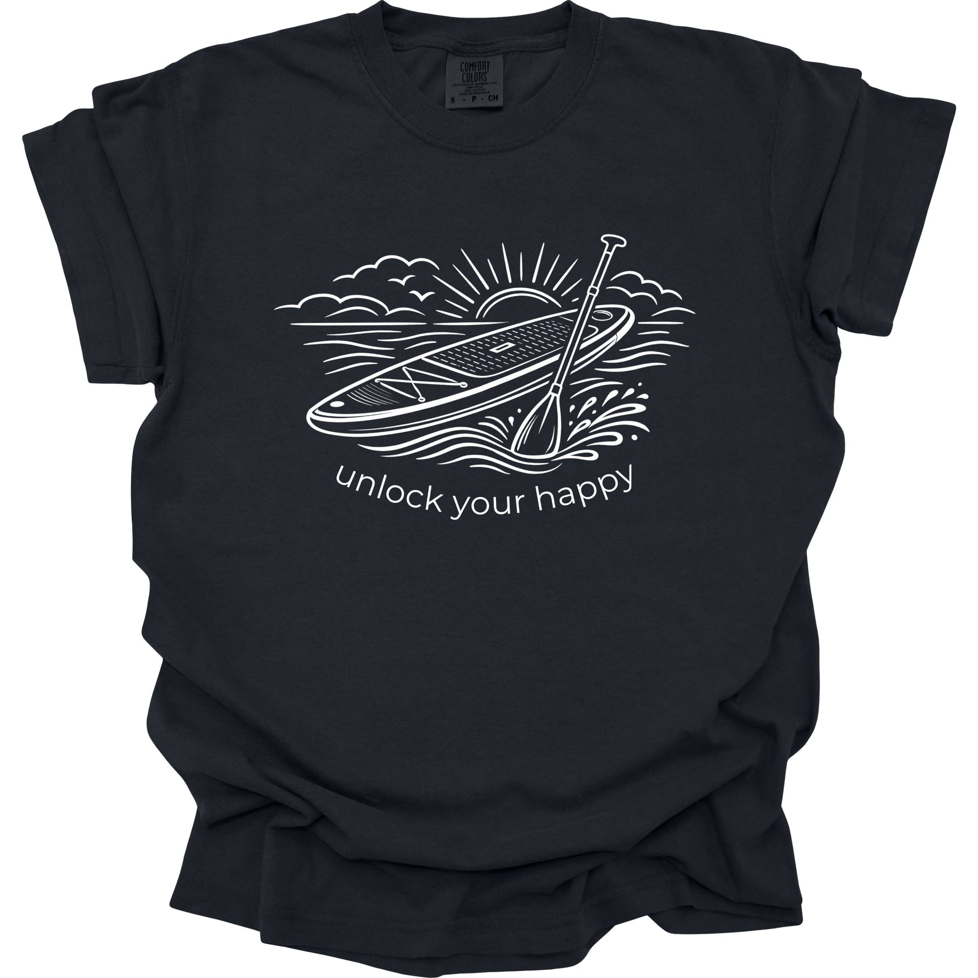 Black t-shirt with white paddleboard graphic and text 'unlock your happy' on a white background