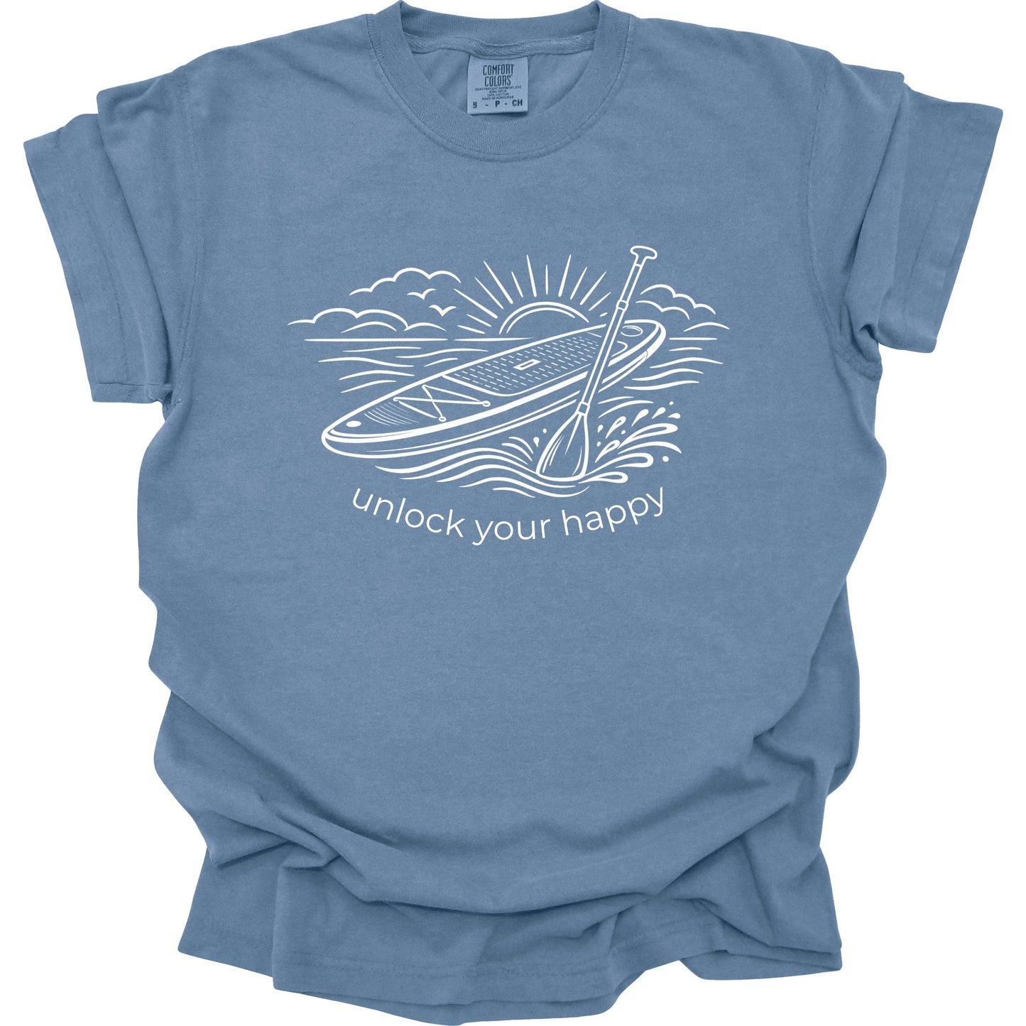 Blue t-shirt with paddleboard graphic and 'unlock your happy' text on a white background
