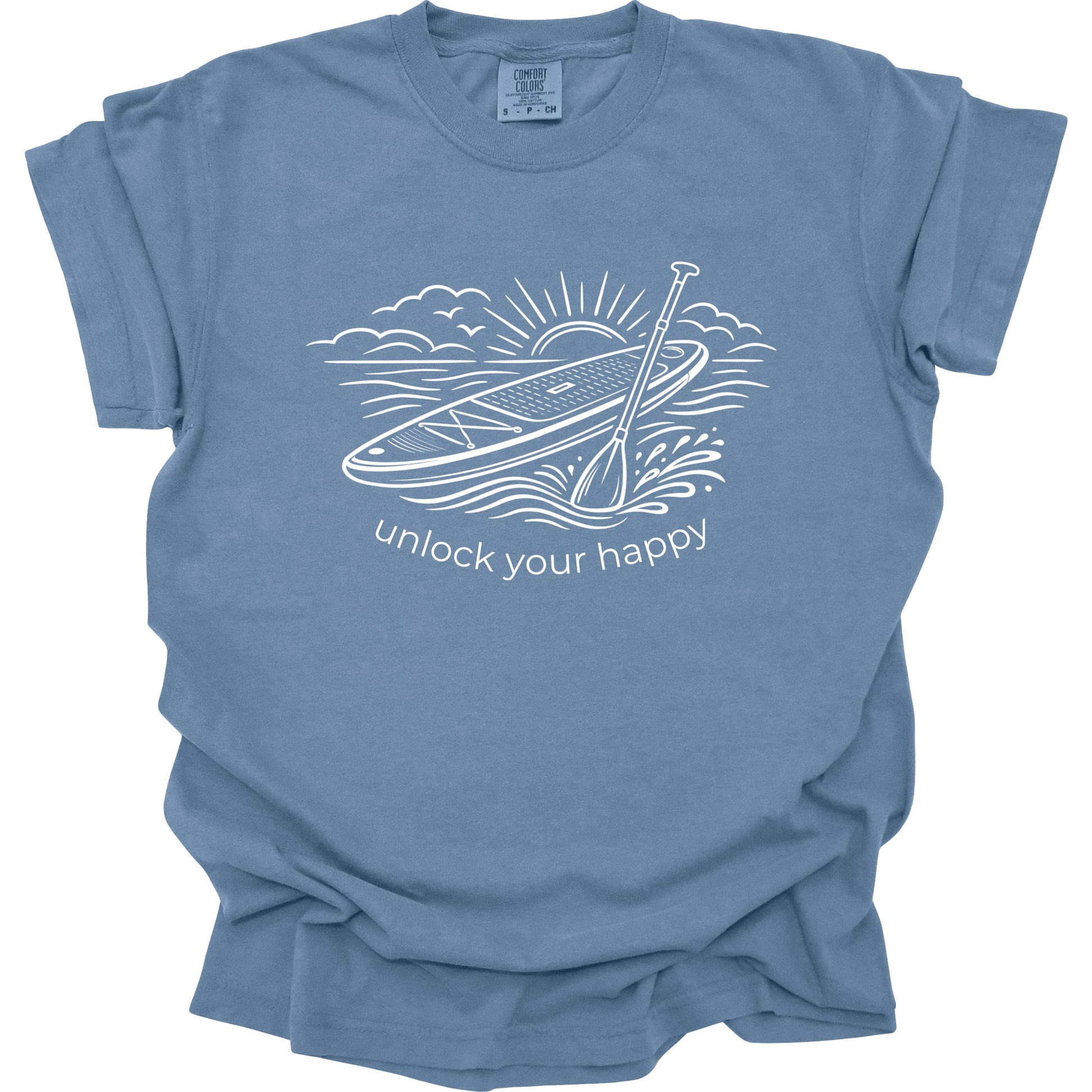 Blue t-shirt with paddleboard graphic and 'unlock your happy' text on a white background