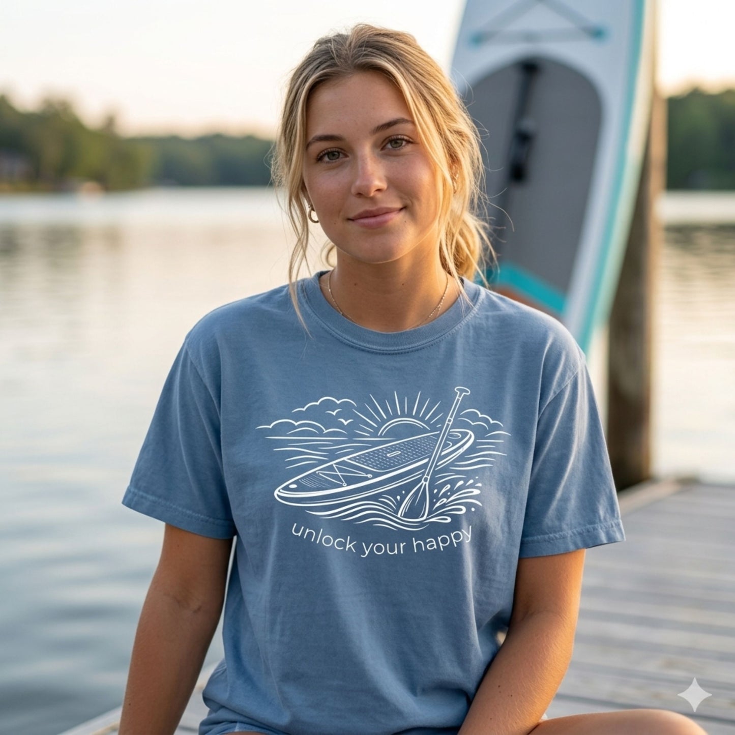 Woman wearing a blue t-shirt with a paddleboard design and unlock your happy  text by a lake.