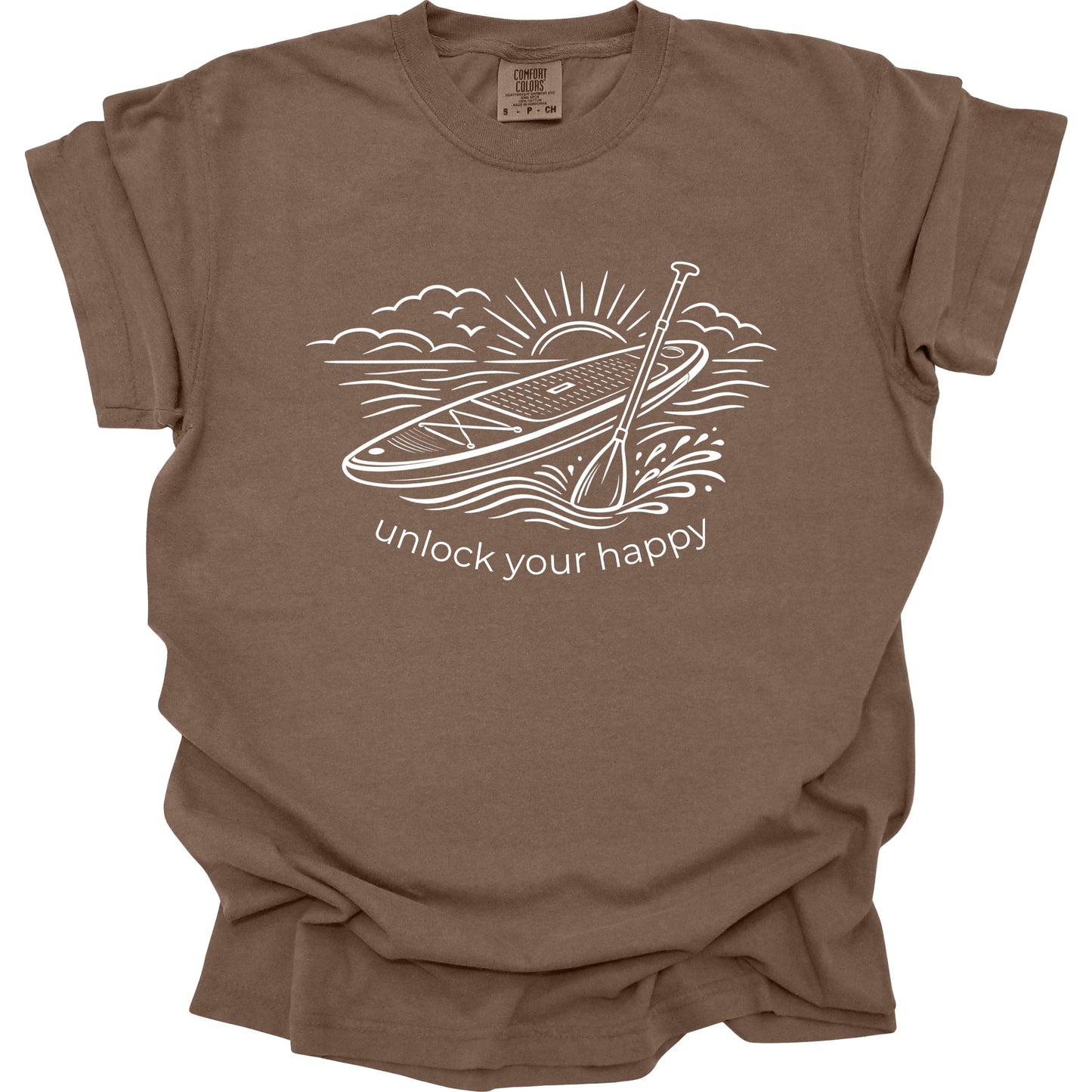 Brown t-shirt with paddleboard graphic and 'unlock your happy' text on a white background