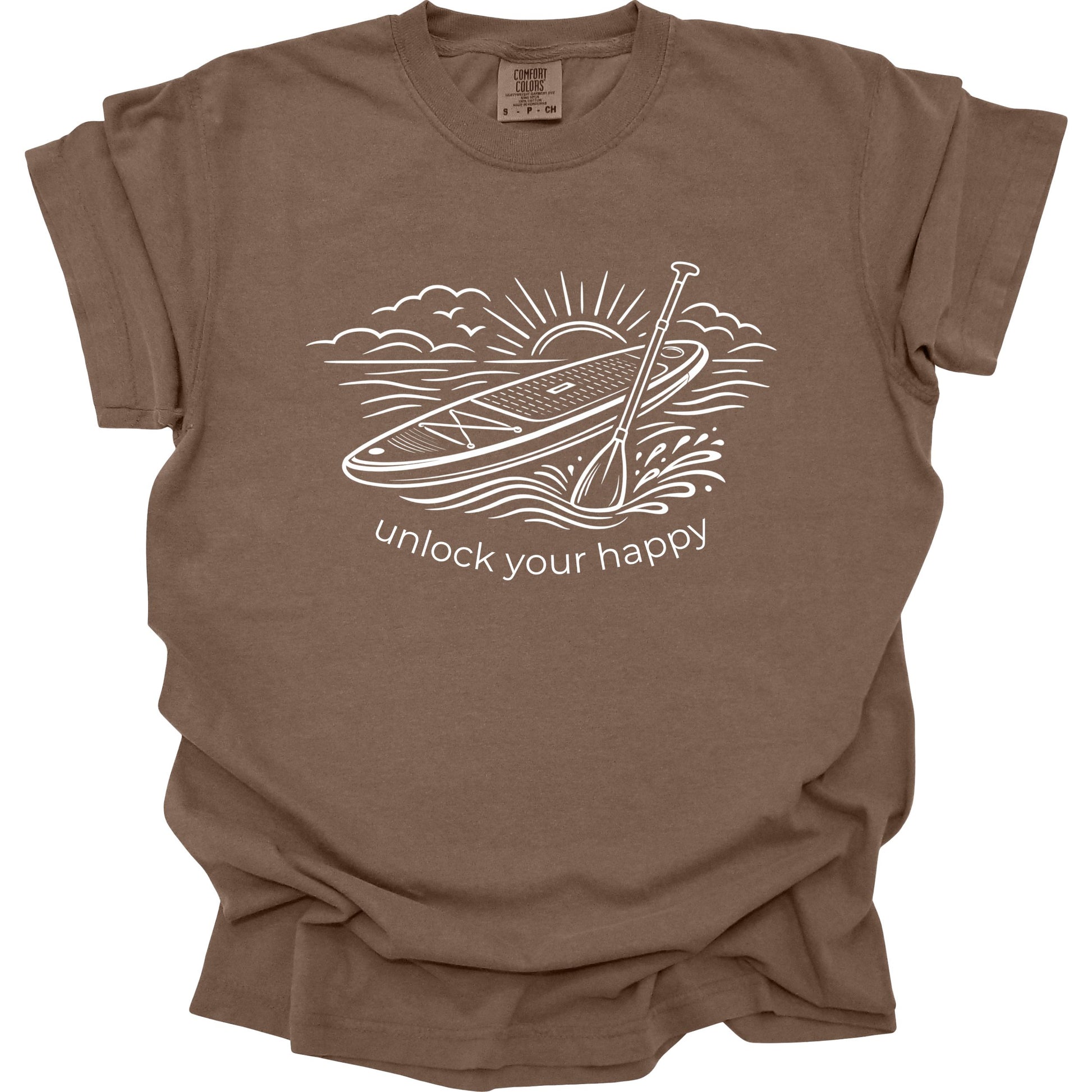 Brown t-shirt with paddleboard graphic and 'unlock your happy' text on a white background