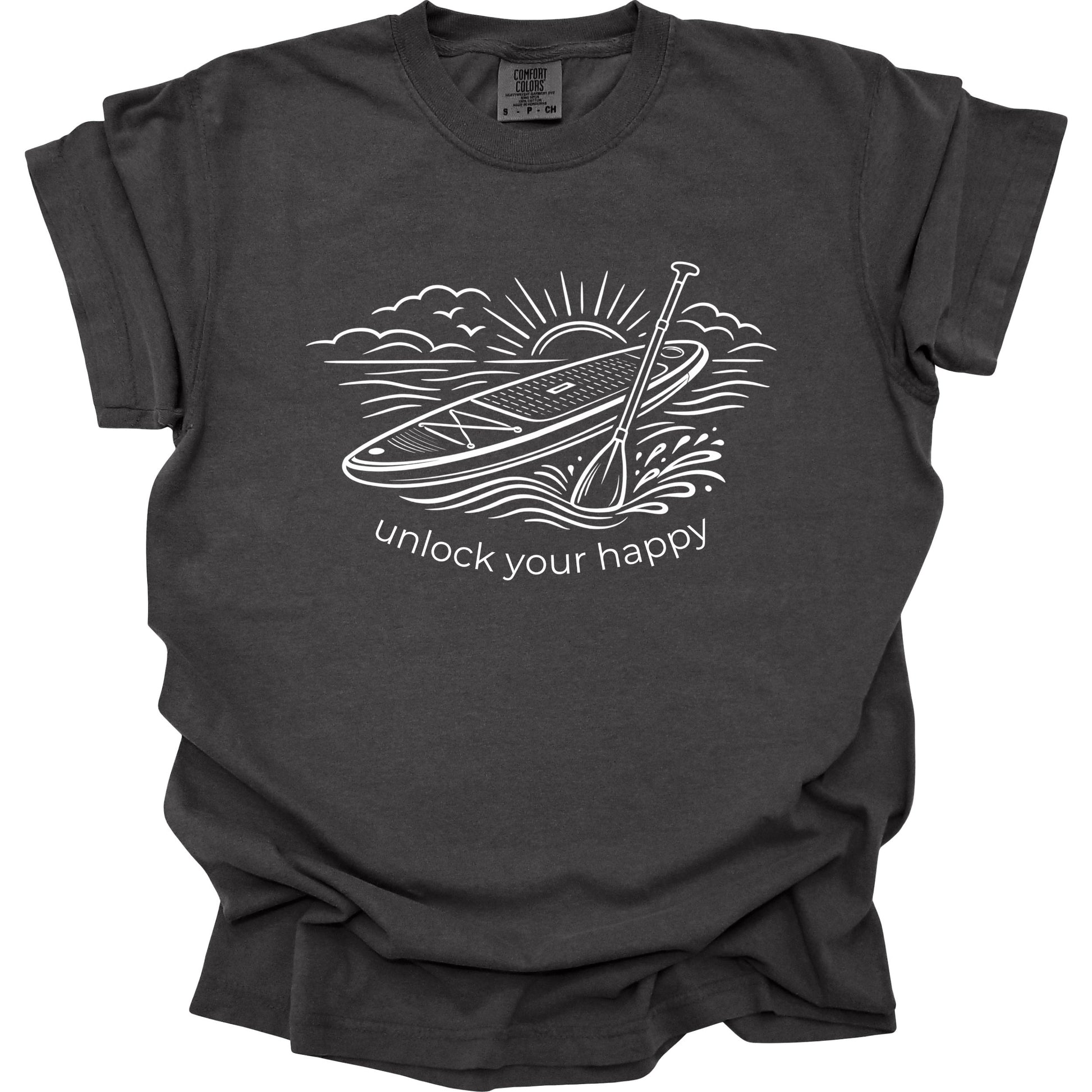 Pepper colored t-shirt with paddleboard graphic and "unlock your happy" text
