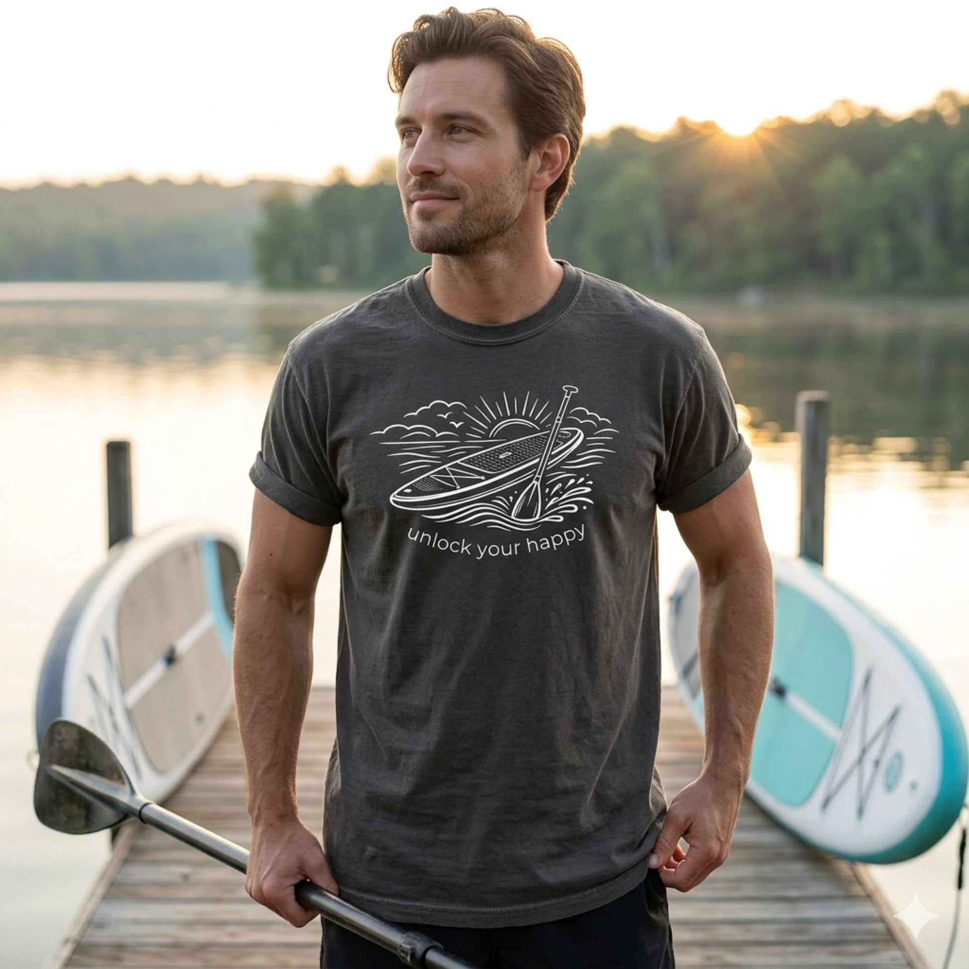 Man wearing a t-shirt with a paddle graphic and unlock your happy text, standing on a dock by a lake.