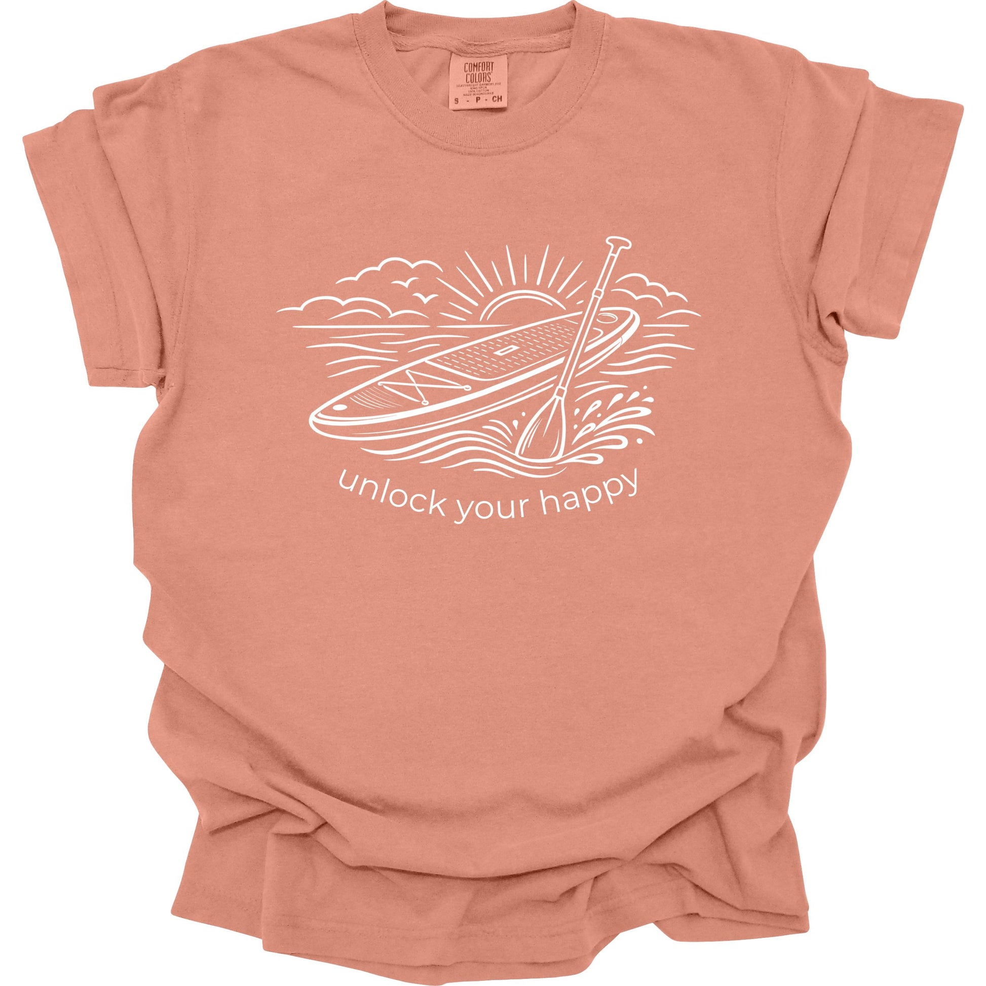 Terracotta t-shirt with paddleboard graphic and 'unlock your happy' text on a white background