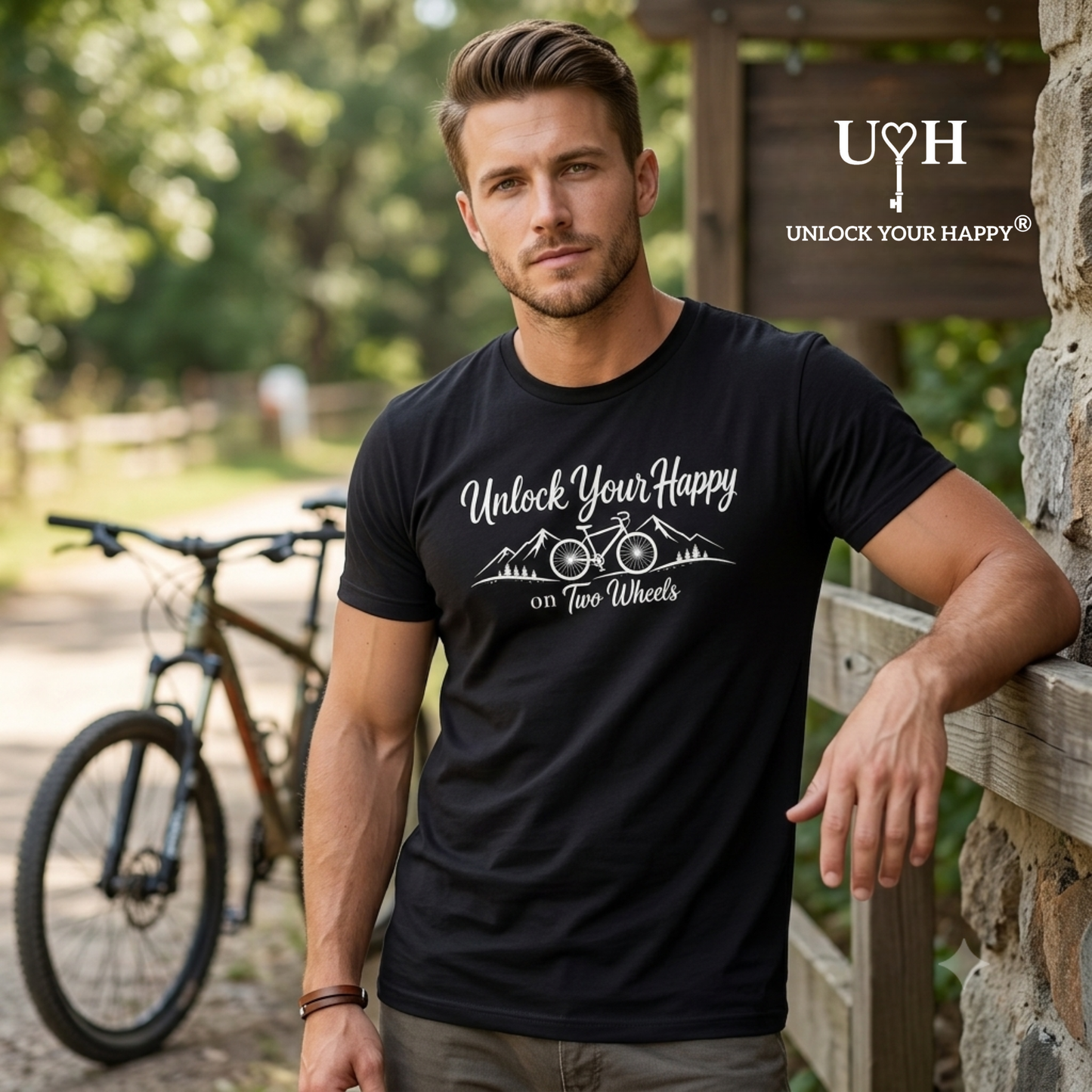 A man wearing a black crewneck t-shirt with a white graphic print that reads 'Unlock Your Happy on Two Wheels' and features a bicycle and mountain design. He is leaning against a wooden fence in an outdoor setting with a mountain bike in the background.