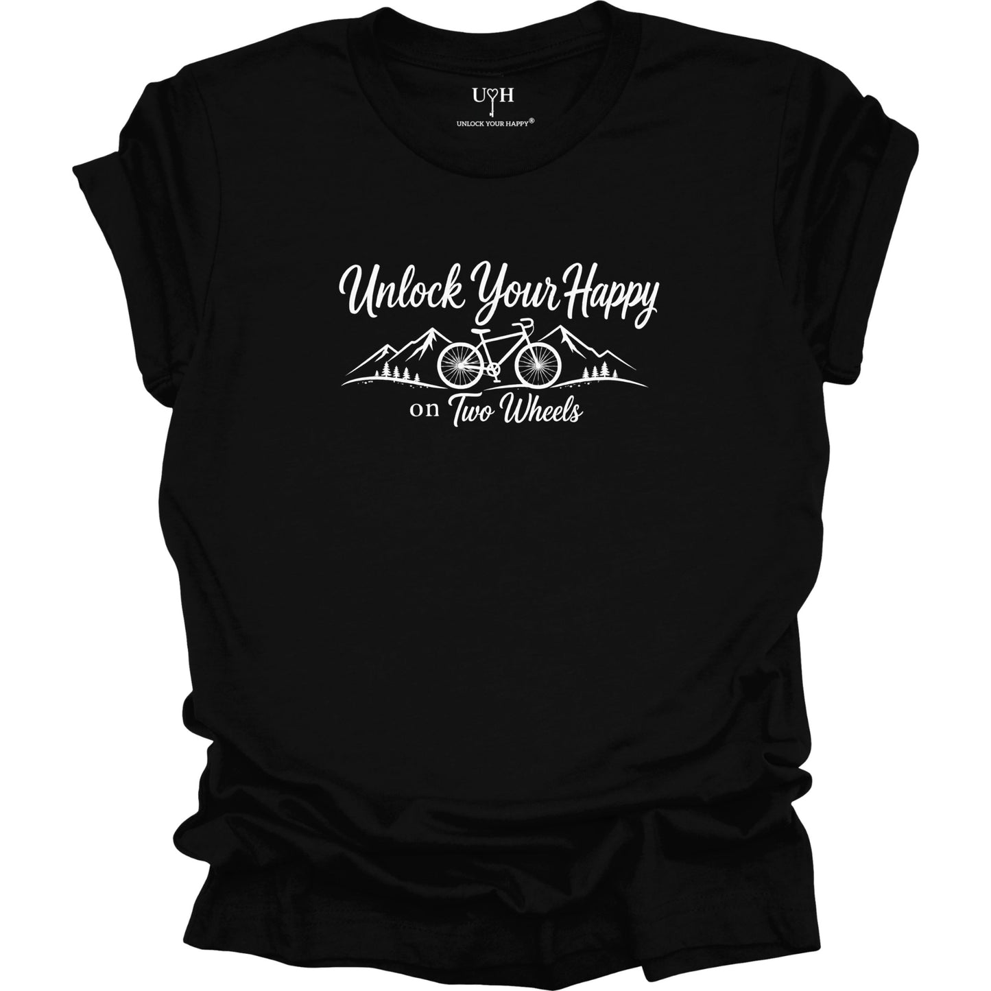 A black short-sleeve t-shirt with a white graphic print that reads 'Unlock Your Happy on Two Wheels' above a bike and mountain. The inner neck label shows the brand 'UYH' and 'UNLOCK YOUR HAPPY'.