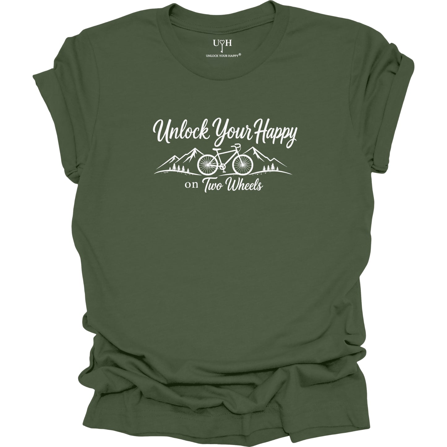A green short-sleeve t-shirt with a white graphic print that reads 'Unlock Your Happy on Two Wheels' above a simple mountain and bicycle illustration. The brand 'UYH' is visible on the inner neck label.