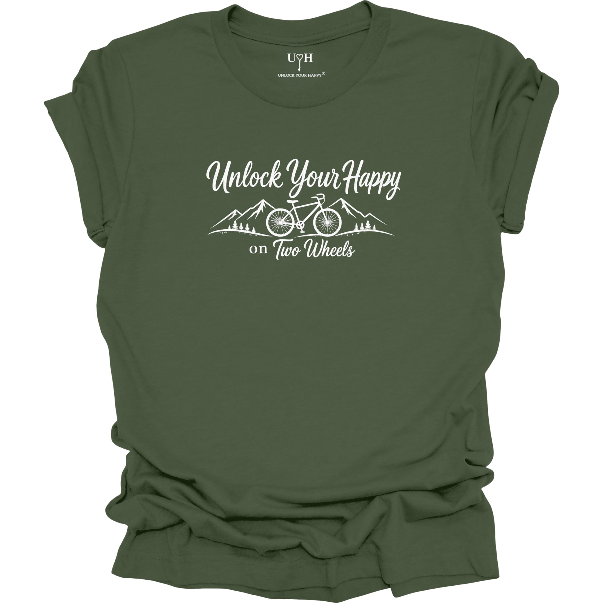 A green short-sleeve t-shirt with a white graphic print that reads 'Unlock Your Happy on Two Wheels' above a simple mountain and bicycle illustration. The brand 'UYH' is visible on the inner neck label.