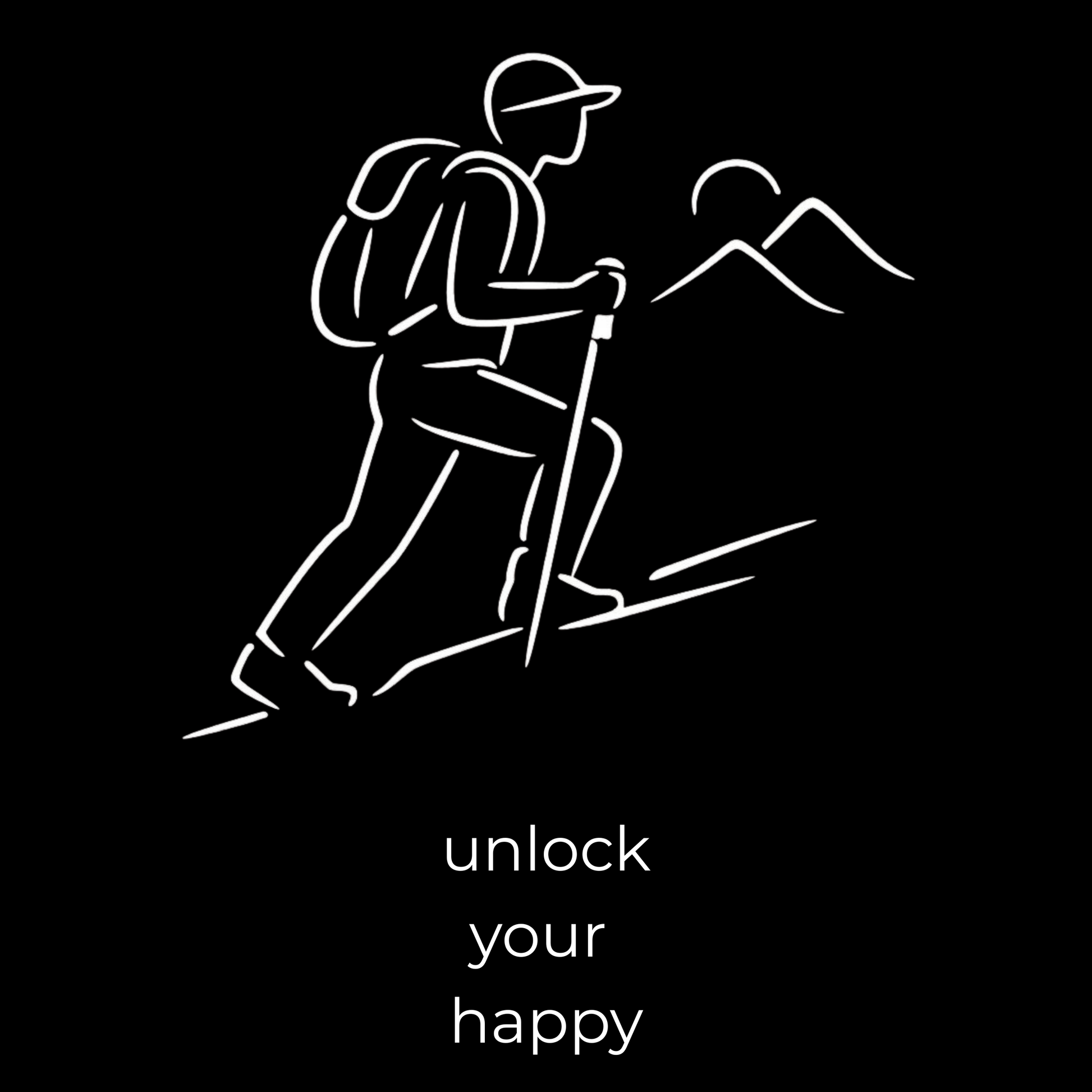 Outline of a hiker with mountains and 'unlock your happy' text on a black background