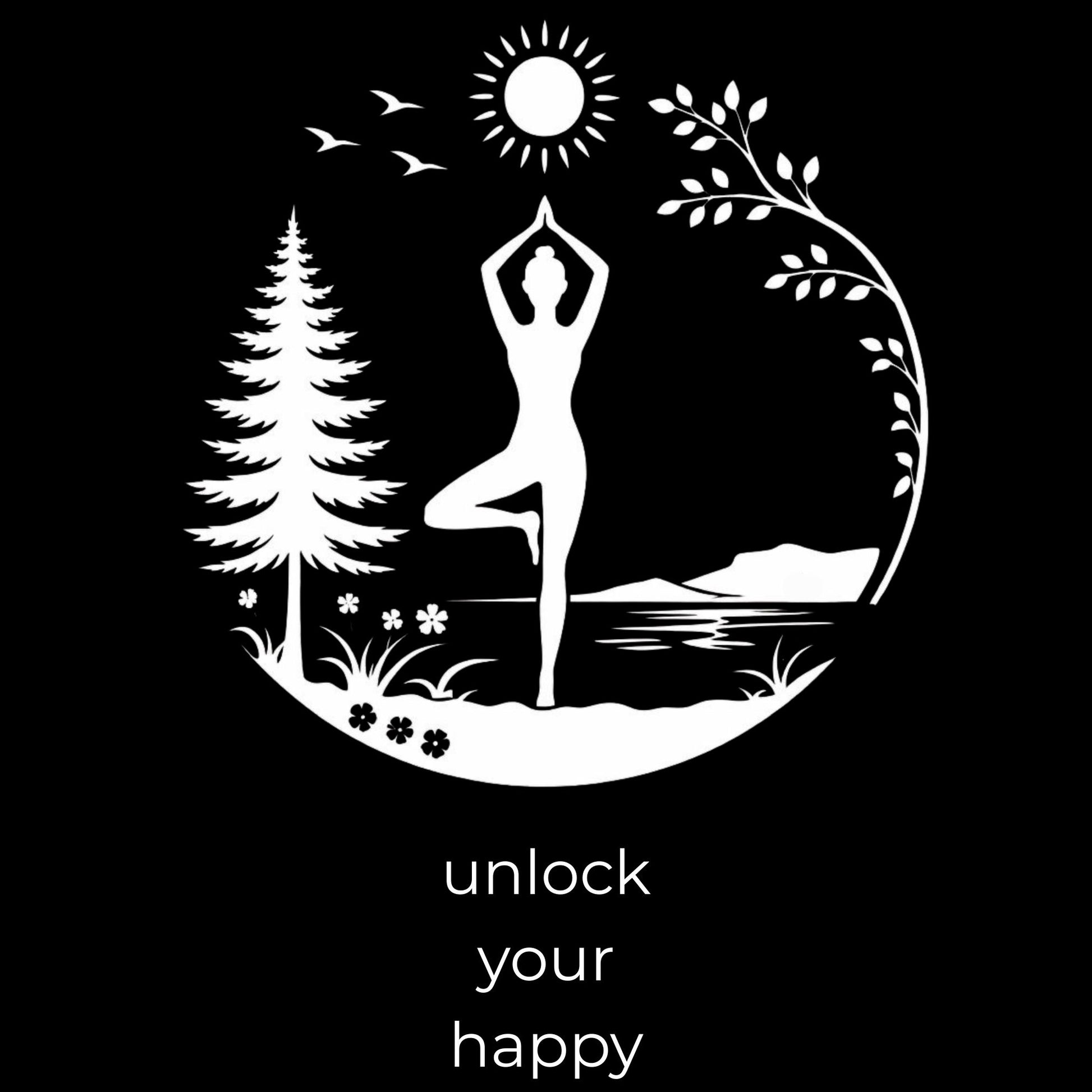 Yoga pose illustration with nature elements and 'unlock your happy' text on a black background
