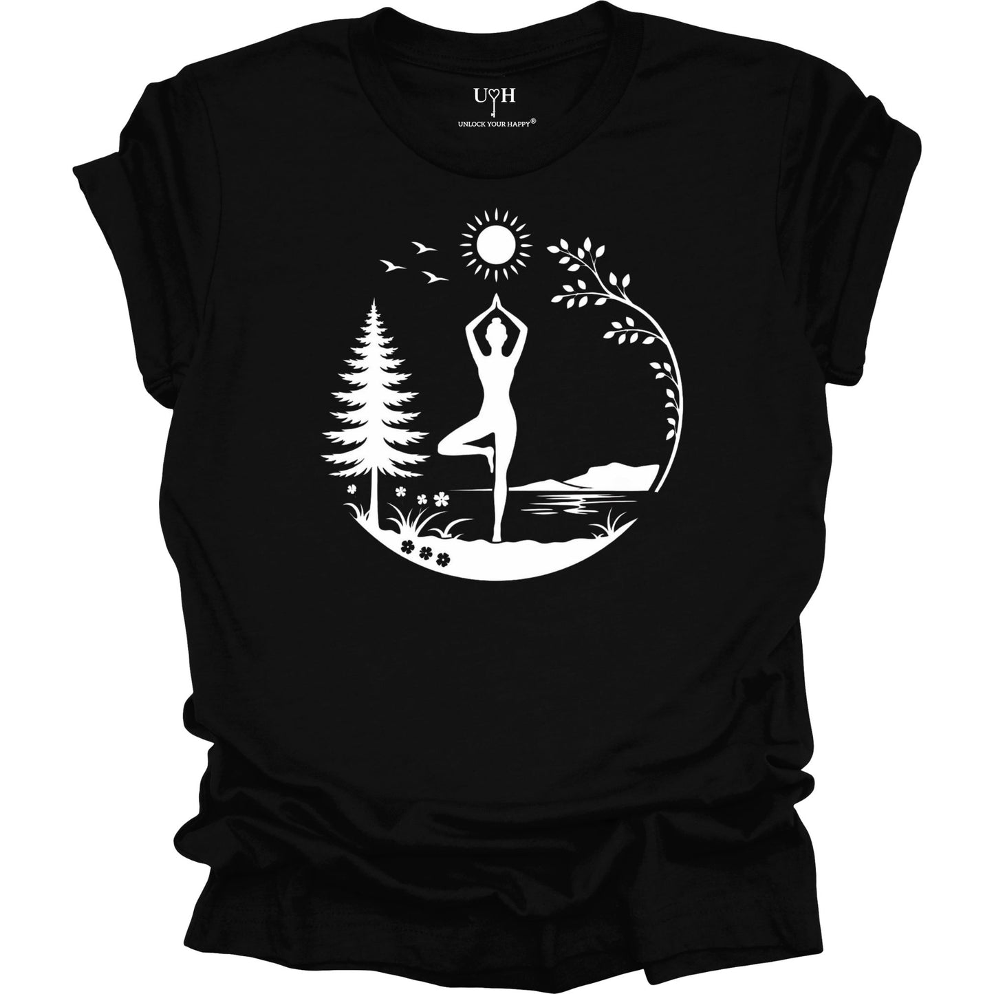 Nature yoga black tee with tree pose, minimalist mountains, trees & sun design, soft unisex shirt with “Unlock Your Happy” sleeve detail