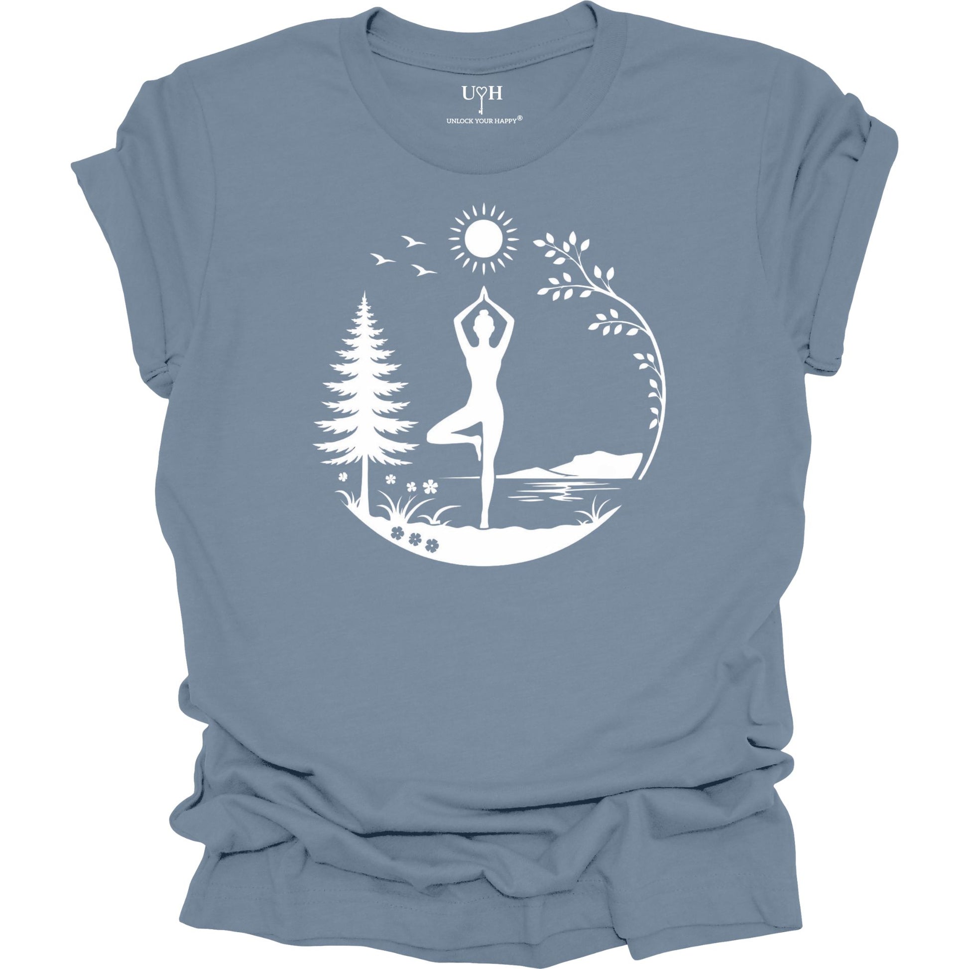 Nature yoga blue tee with tree pose, minimalist mountains, trees & sun design, soft unisex shirt with “Unlock Your Happy” sleeve detail