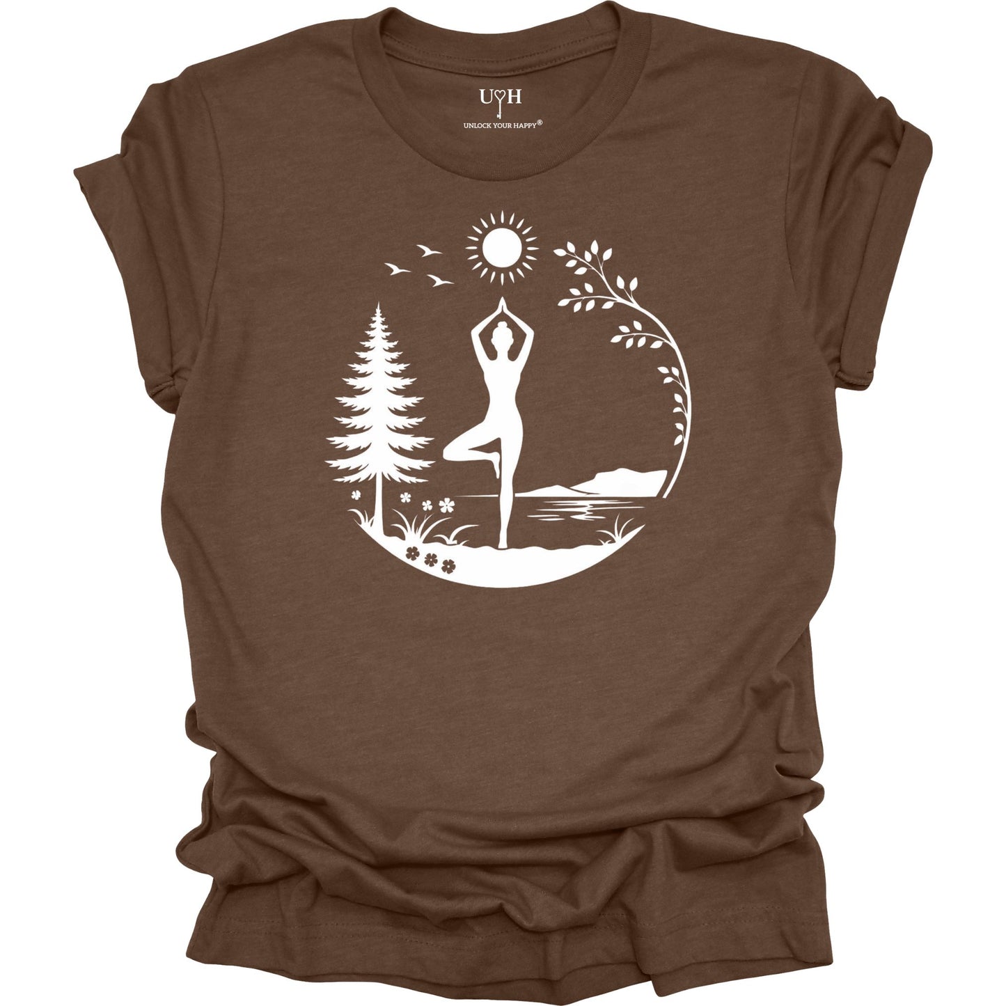 Nature yoga brown tee with tree pose, minimalist mountains, trees & sun design, soft unisex shirt with “Unlock Your Happy” sleeve detail