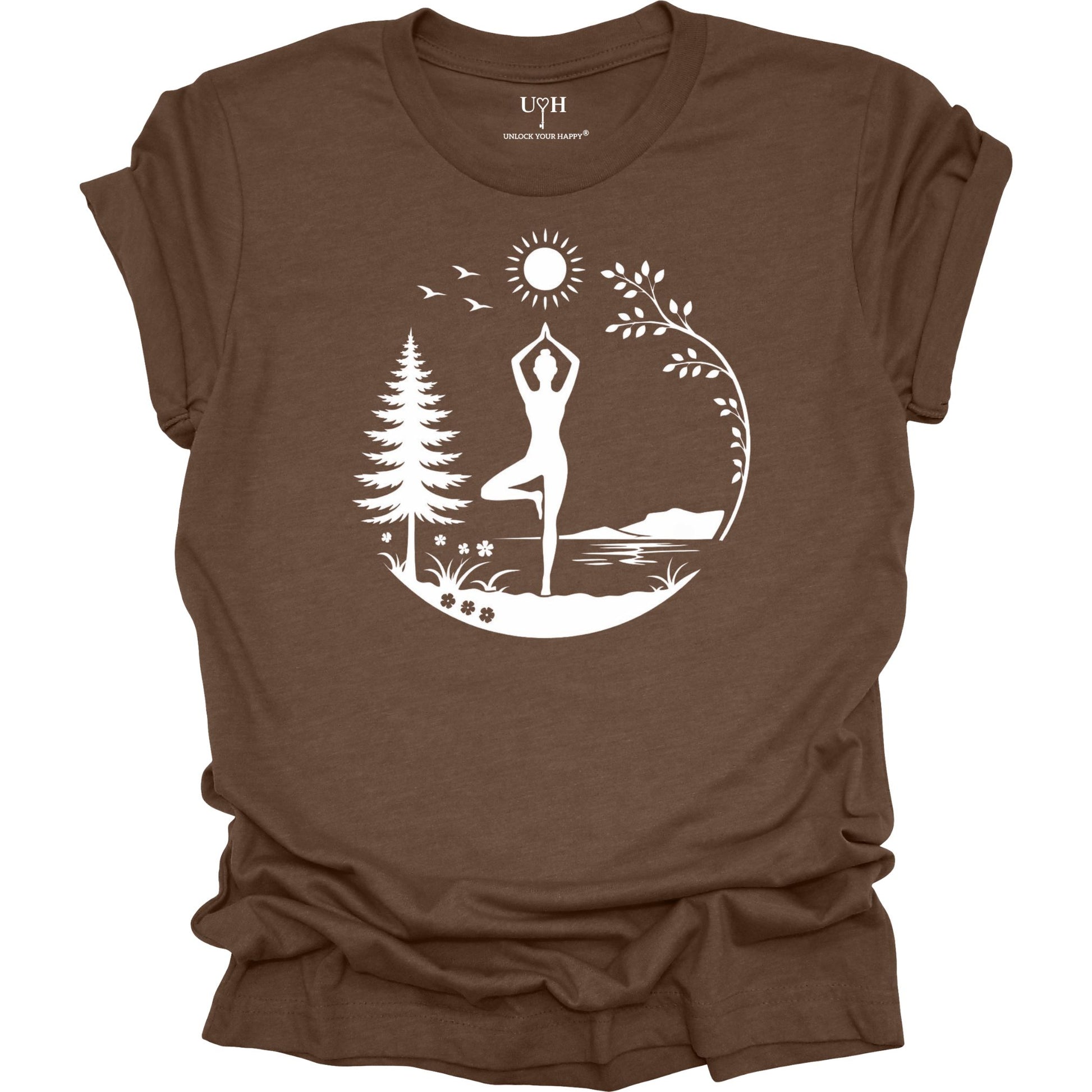 Nature yoga brown tee with tree pose, minimalist mountains, trees & sun design, soft unisex shirt with “Unlock Your Happy” sleeve detail