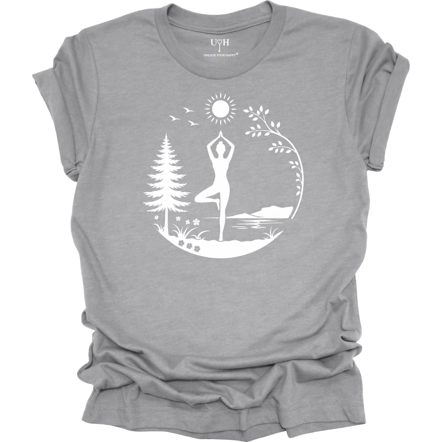 Nature yoga gray tee with tree pose, minimalist mountains, trees & sun design, soft unisex shirt with “Unlock Your Happy” sleeve detail