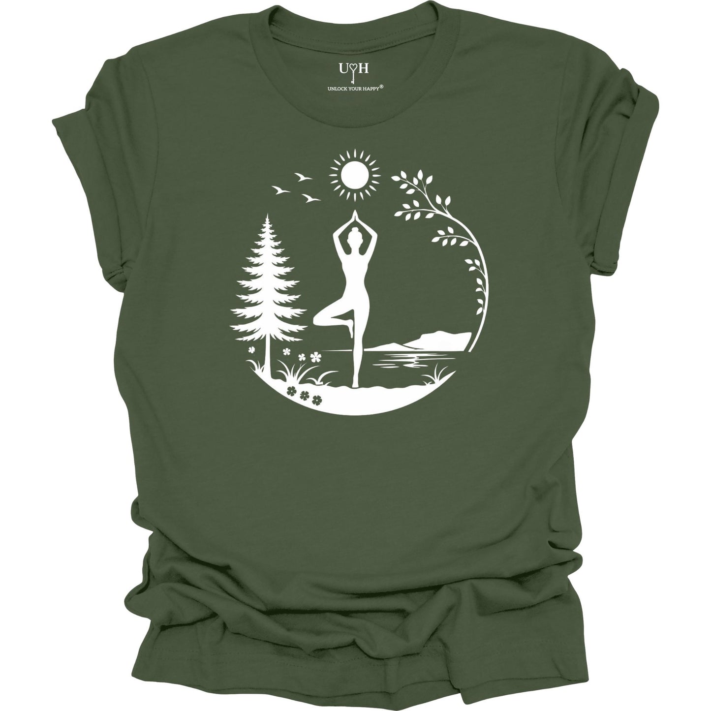 Nature yoga green tee with tree pose, minimalist mountains, trees & sun design, soft unisex shirt with “Unlock Your Happy” sleeve detail