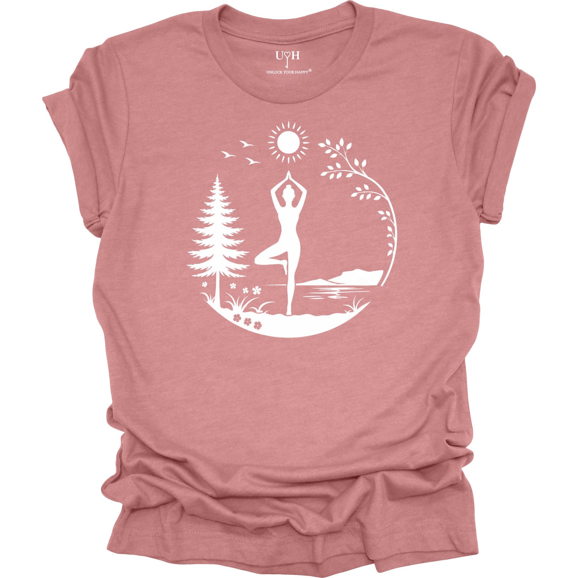 Nature yoga mauve tee with tree pose, minimalist mountains, trees & sun design, soft unisex shirt with “Unlock Your Happy” sleeve detail