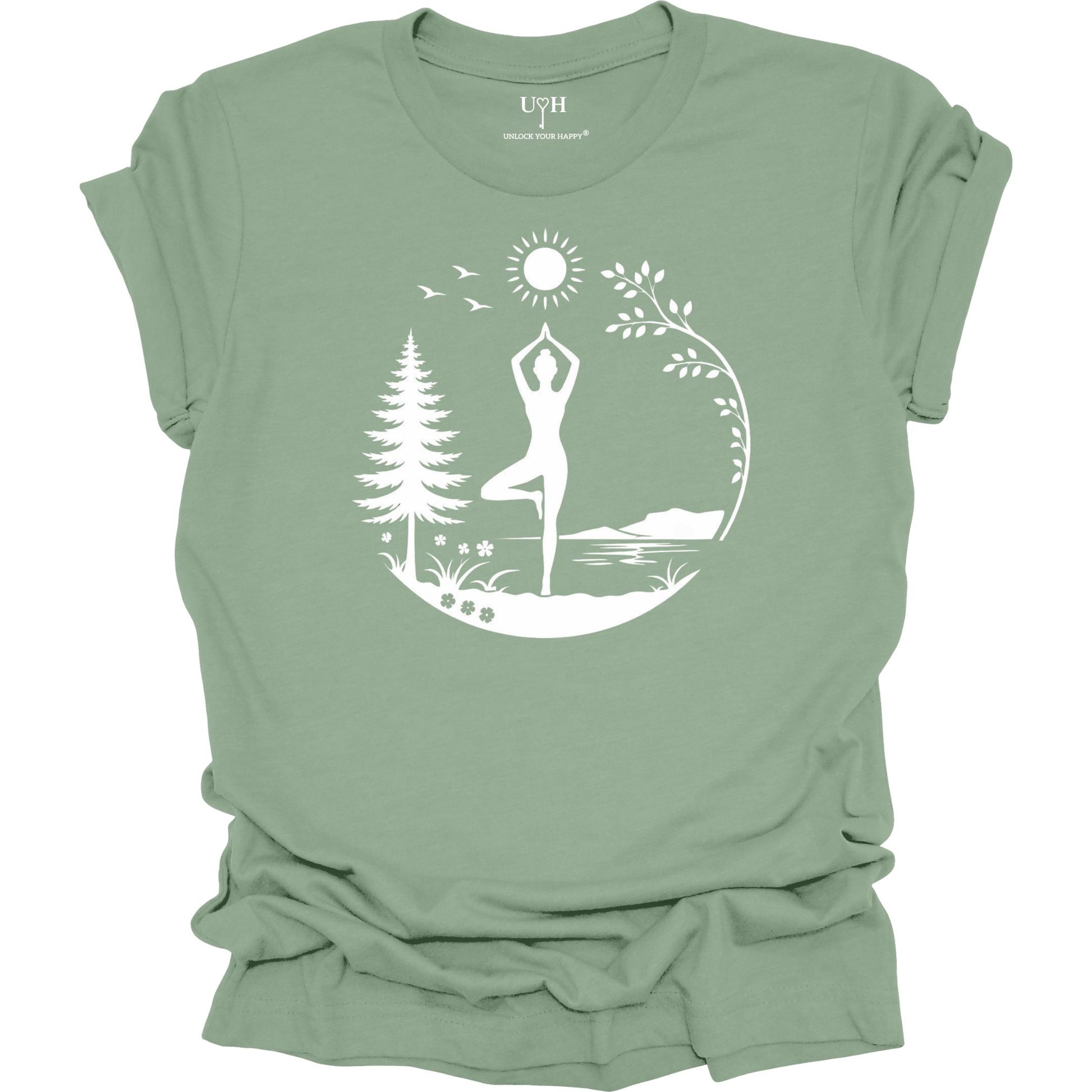 Nature yoga sage tee with tree pose, minimalist mountains, trees & sun design, soft unisex shirt with “Unlock Your Happy” sleeve detail