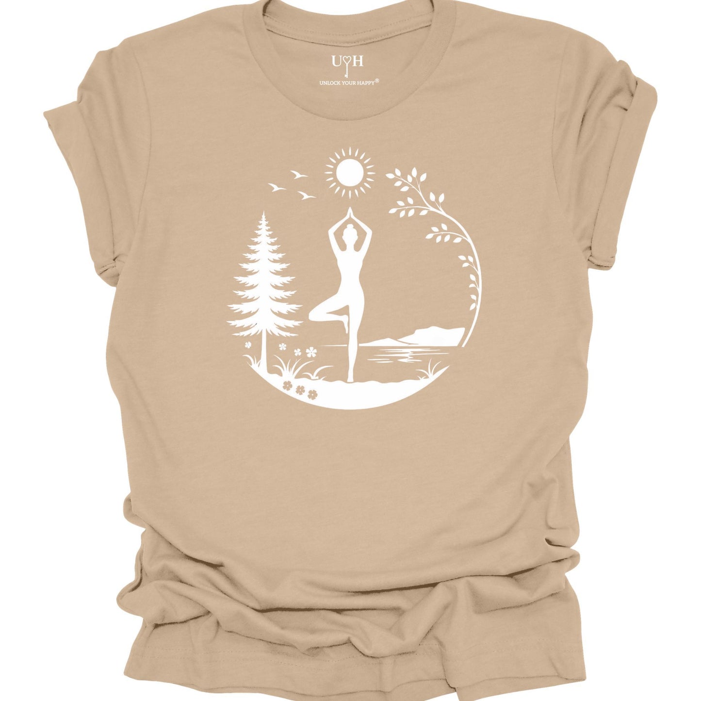 Nature yoga tan tee with tree pose, minimalist mountains, trees & sun design, soft unisex shirt with “Unlock Your Happy” sleeve detail